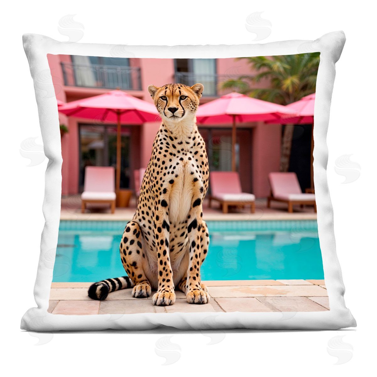 Lettered and Lined Cheetah Posed at Poolside Square Printed Throw Pillow