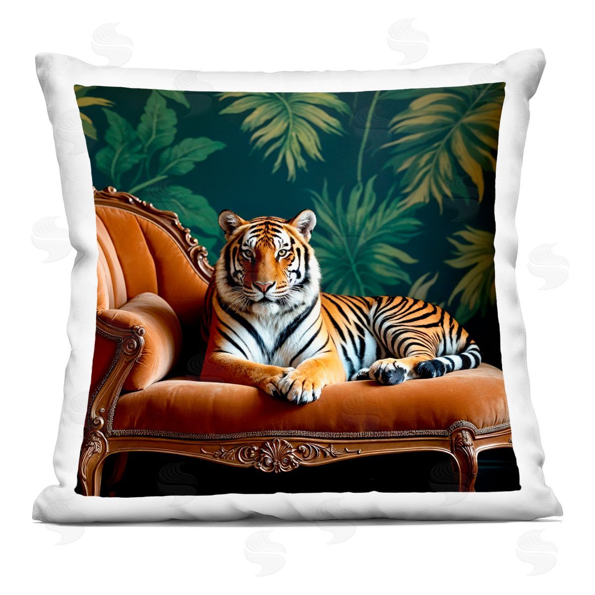 Lettered and Lined Tiger Lounging on Chaise Square Printed Throw Pillow