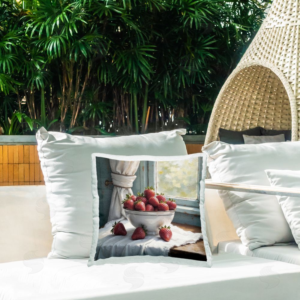 Lettered and Lined Strawberry Harvest in Window Square Printed Throw Pillow on Patio