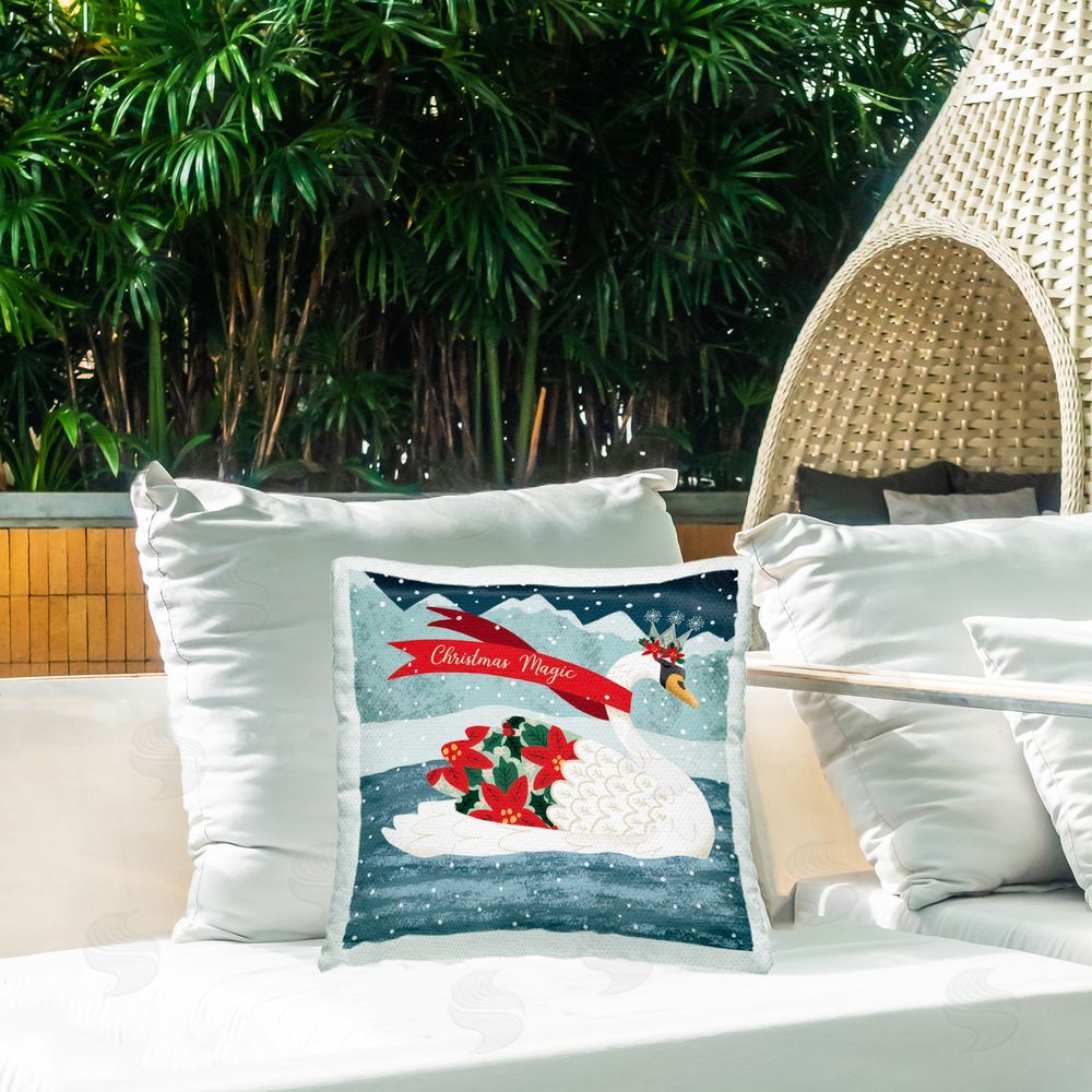 Jilly Jack Designs Christmas Magic Enchanted Swan Outdoor Printed Throw Pillow on Patio