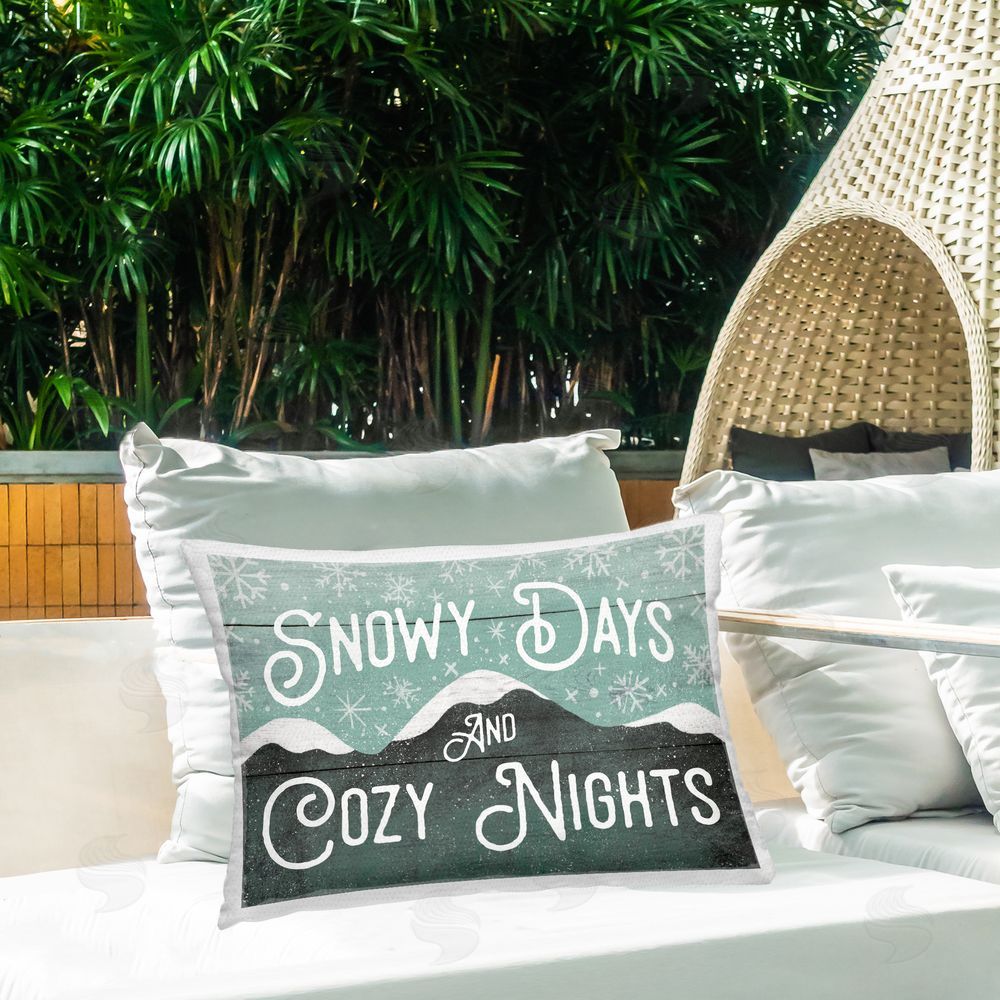 Jilly Jack Designs Snowy Days And Cozy Nights Outdoor Printed Throw Pillow on Patio