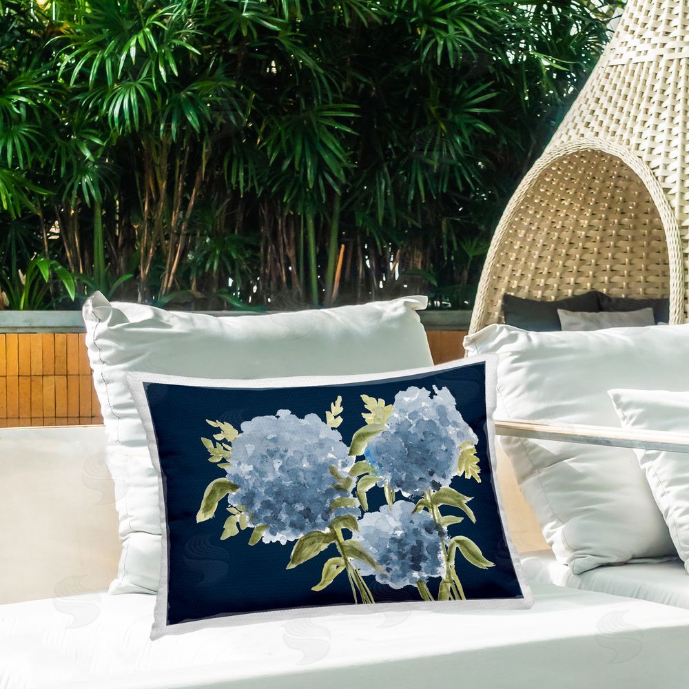 Janice Gaynor Blue Toned Hydrangeas Trio Outdoor Rectugular Printed Throw Pillow on Patio