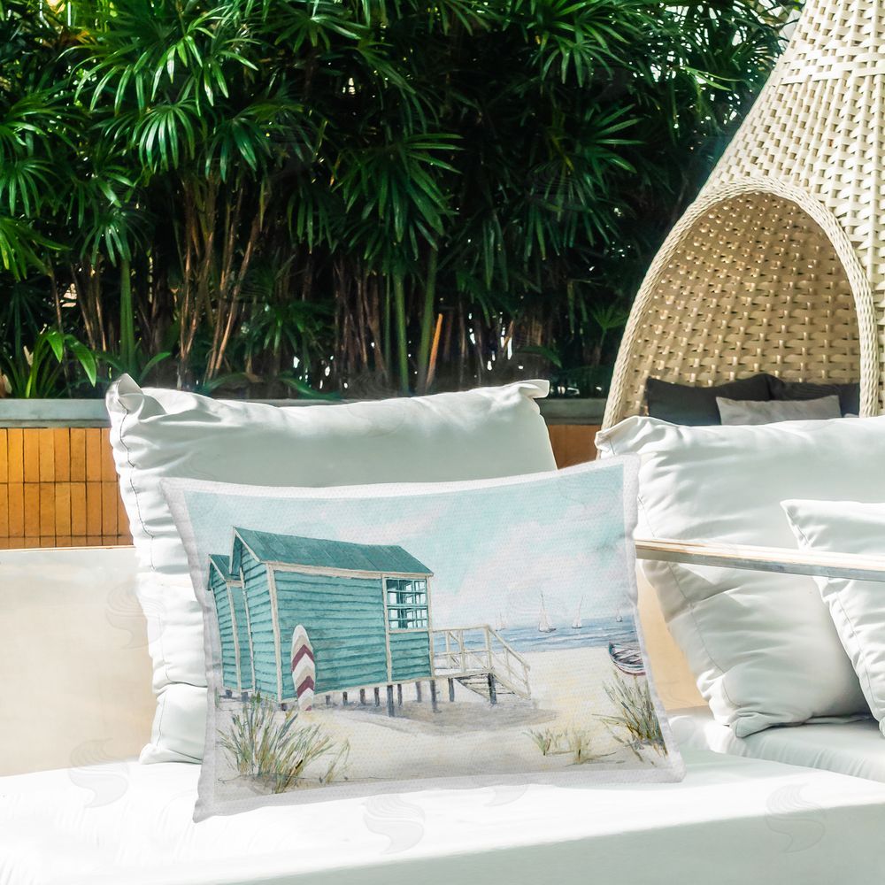 Lorenzo Collective Beach Cabins Fun Times Outdoor Rectugular Printed Throw Pillow on Patio