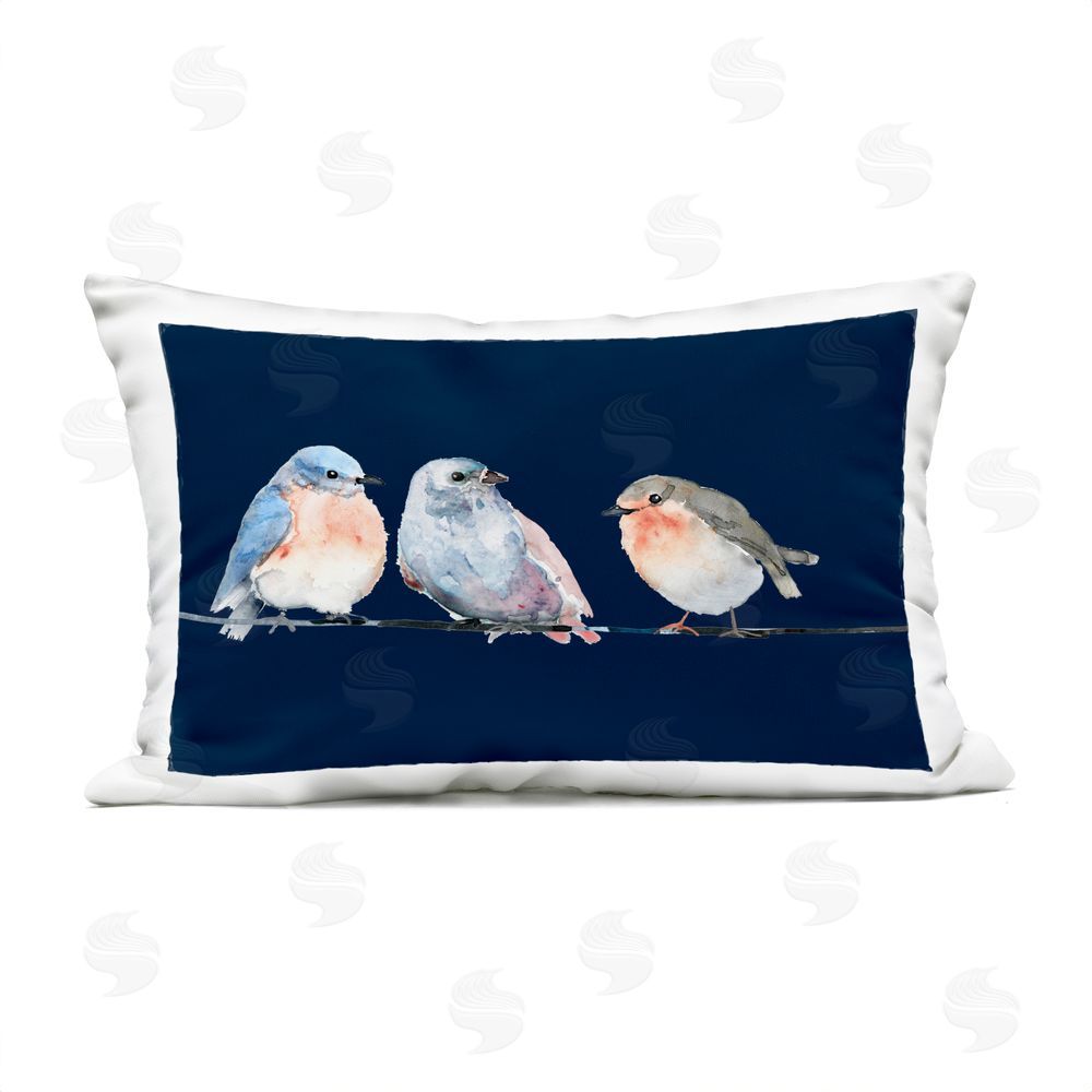 Lorenzo Collective Perched Trio on Blue Outdoor Rectugular Printed Throw Pillow