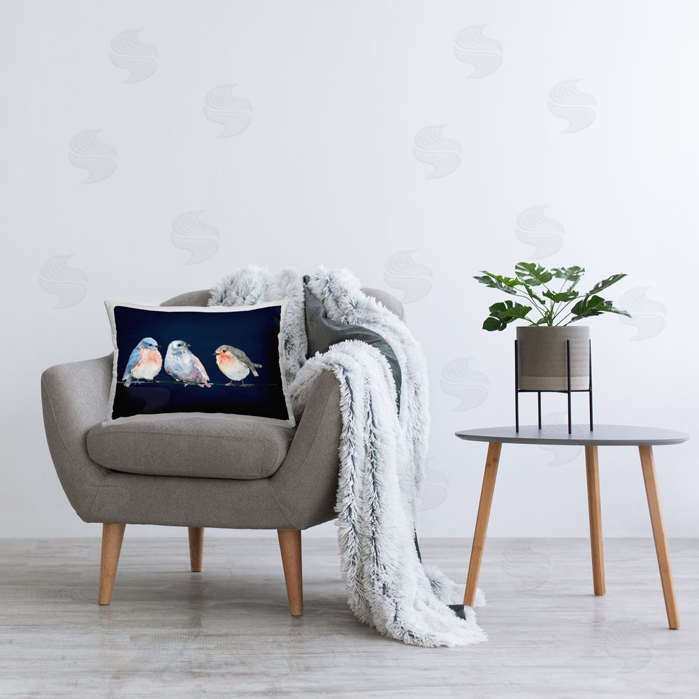 Lorenzo Collective Perched Trio on Blue Rectugular Printed Throw Pillow on Chair