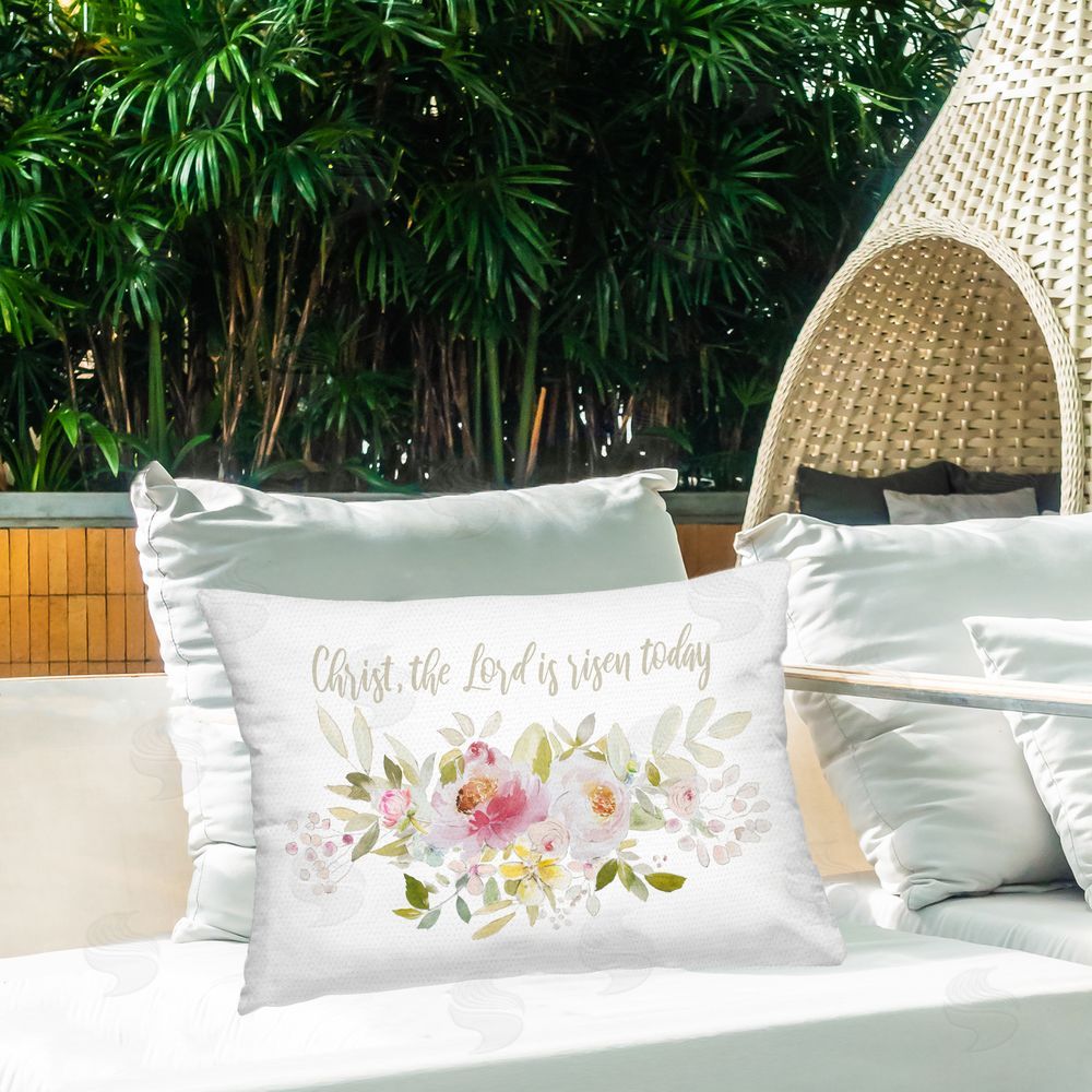 Patricia Pinto Floral The Lord Is Risen Outdoor Rectugular Printed Throw Pillow on Patio