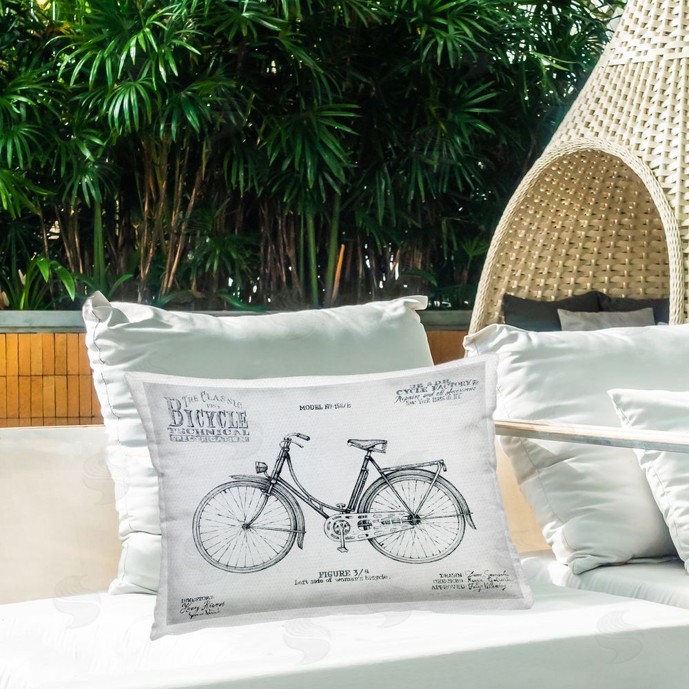 Lorenzo Collective Classic Bicycle Blueprint Diagram Outdoor Rectugular Printed Throw Pillow on Patio