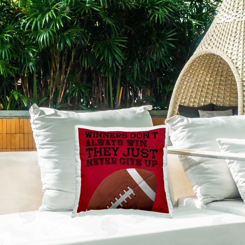 Marcus Prime Winners Never Give Up Square Printed Throw Pillow on Patio