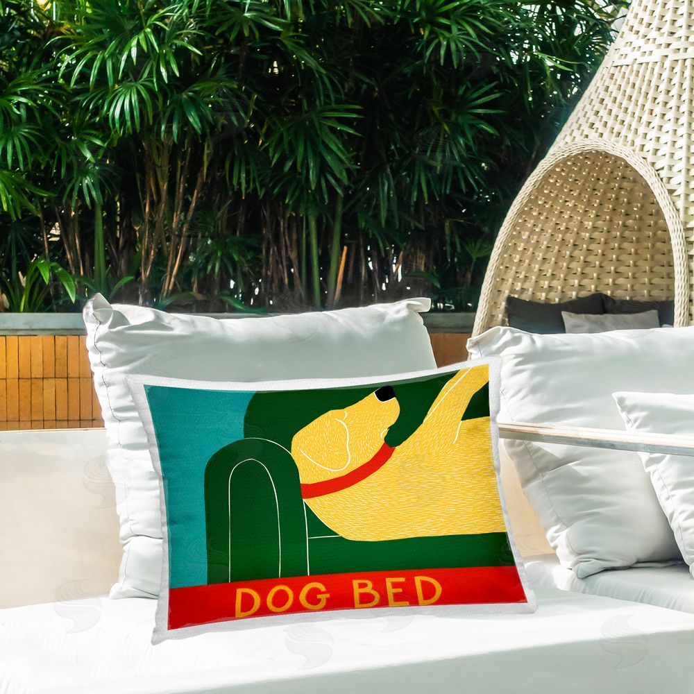 Stephen Huneck Dog Bed Labrador Outdoor Rectugular Printed Throw Pillow on Patio