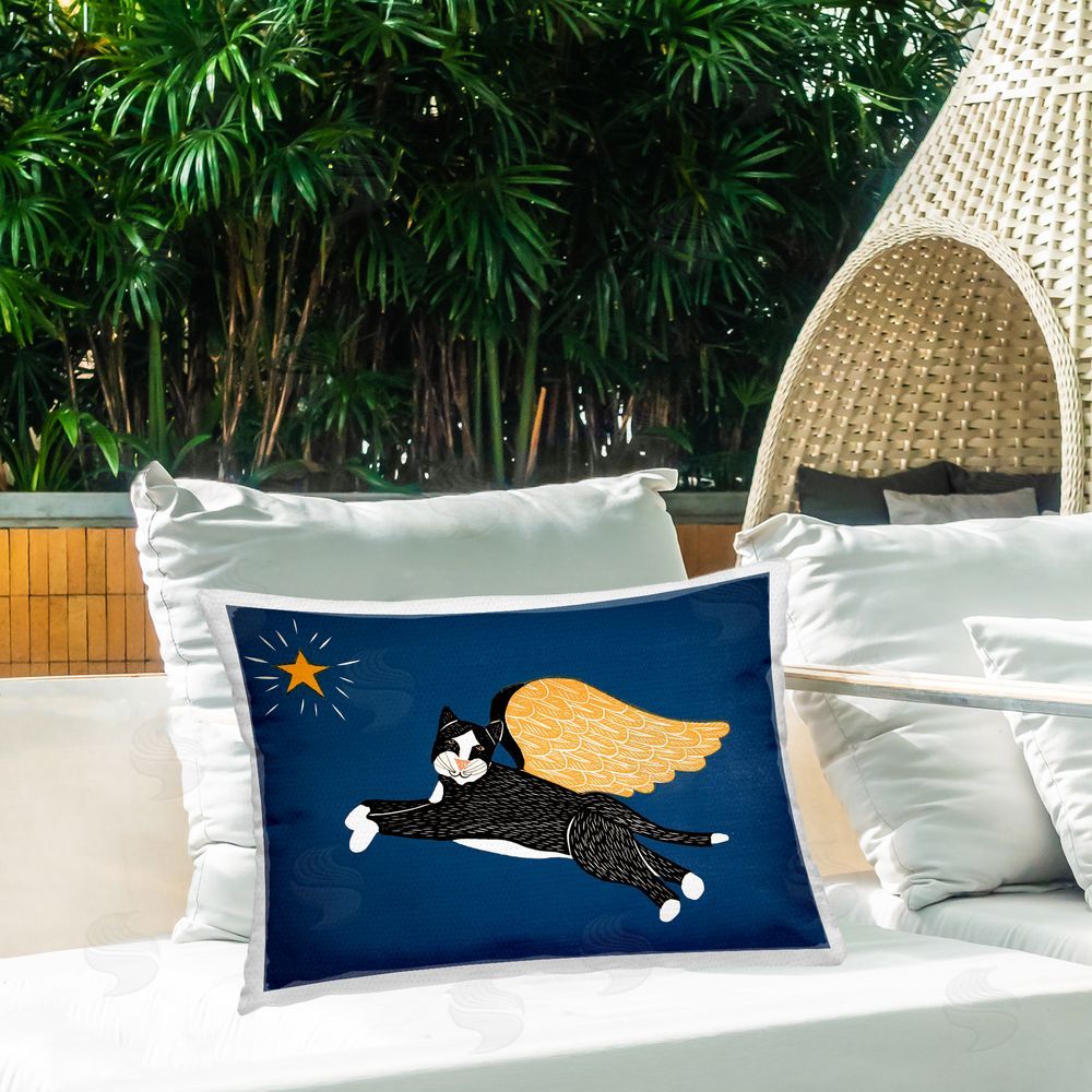 Stephen Huneck Angel Cat with Star Outdoor Rectugular Printed Throw Pillow on Patio