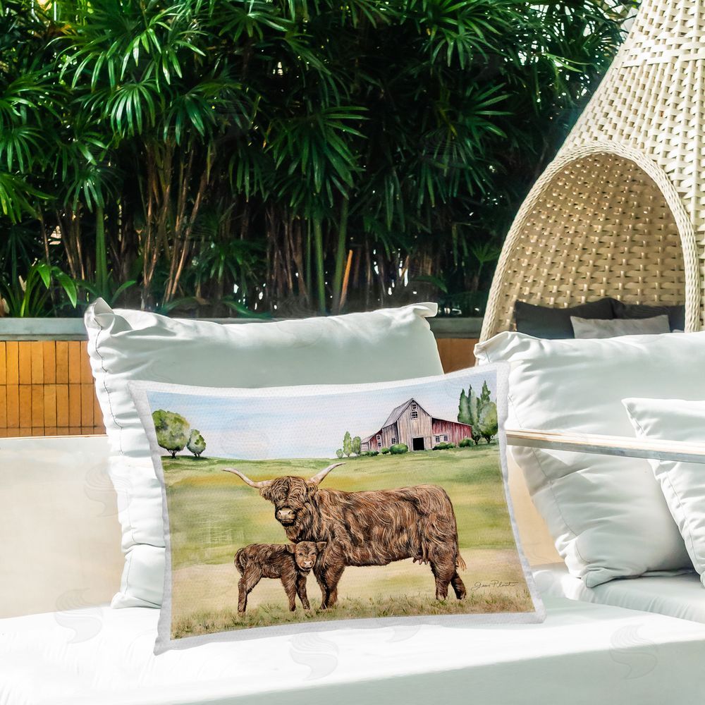 Jean Plout Highland Cow And Calf Outdoor Rectugular Printed Throw Pillow on Patio