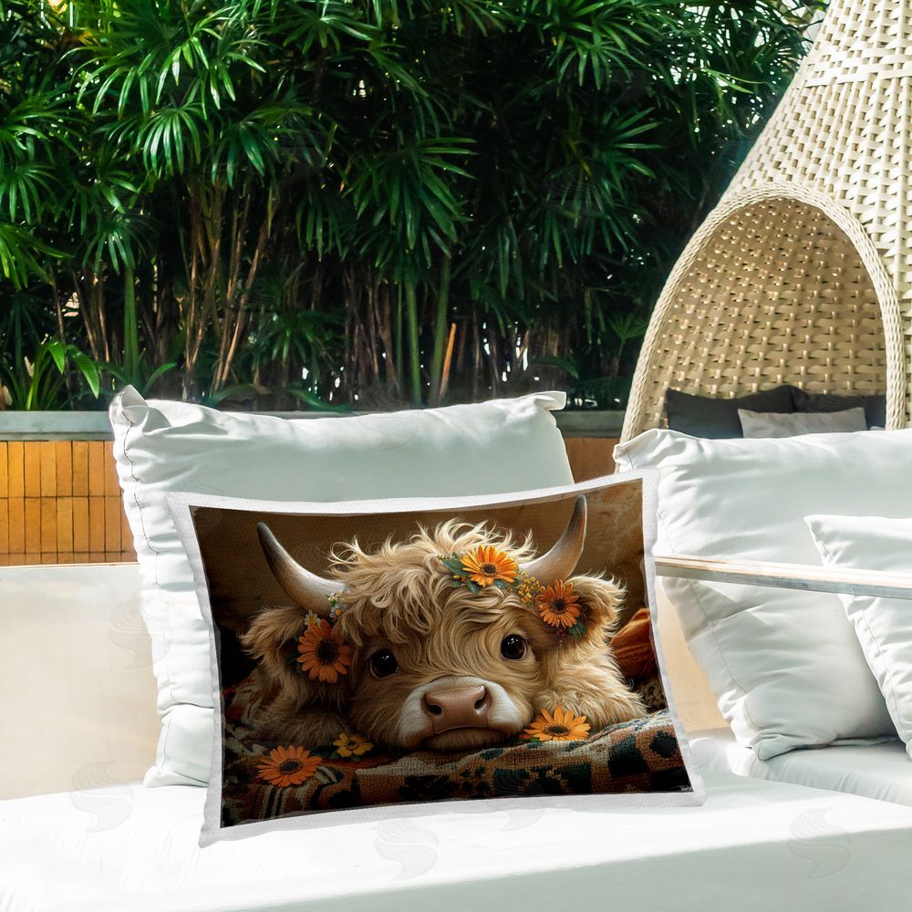 Momart Adorable Flower Bedecked Cattle Outdoor Rectugular Printed Throw Pillow on Patio