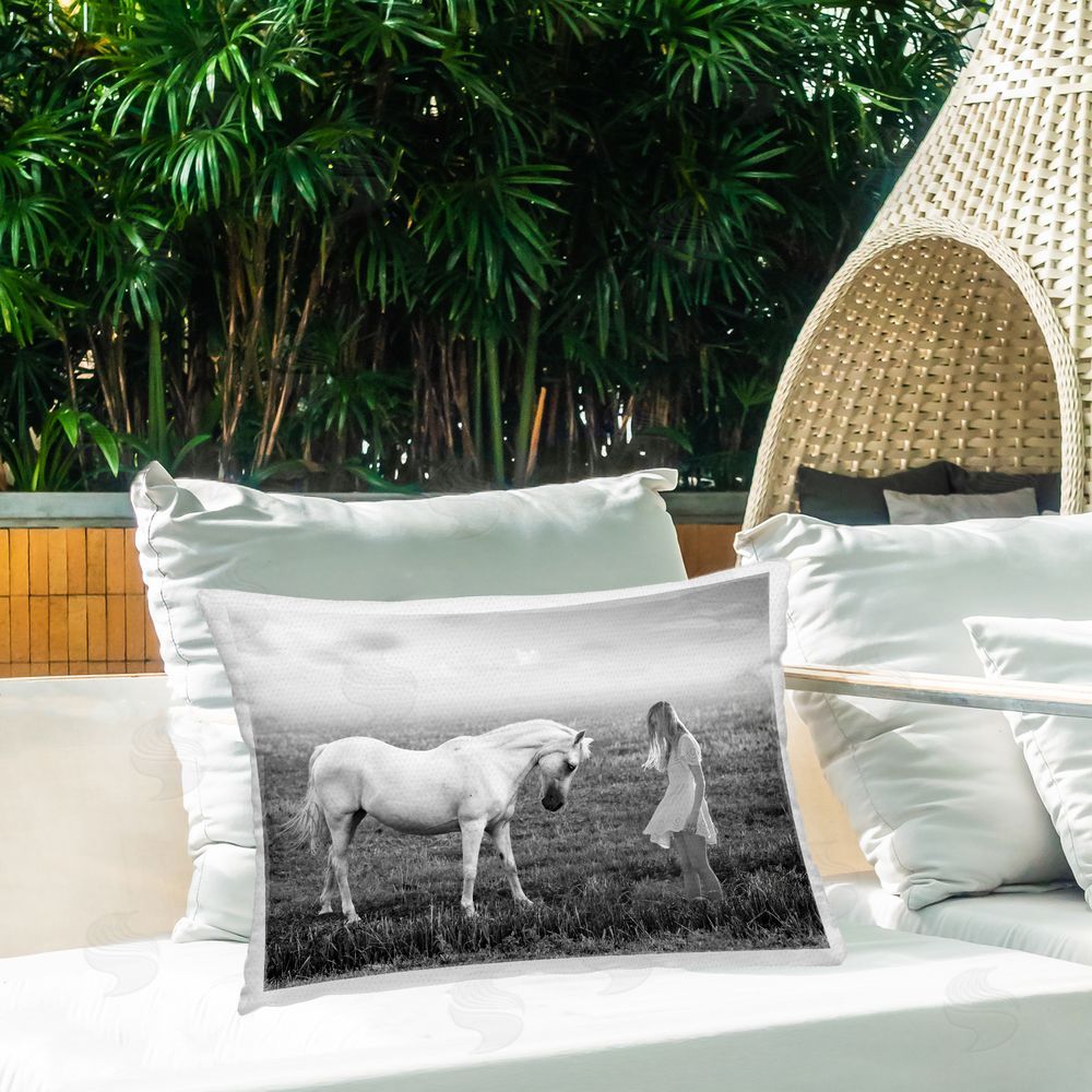 Ata Alishahi Her White Horse Outdoor Rectugular Printed Throw Pillow on Patio