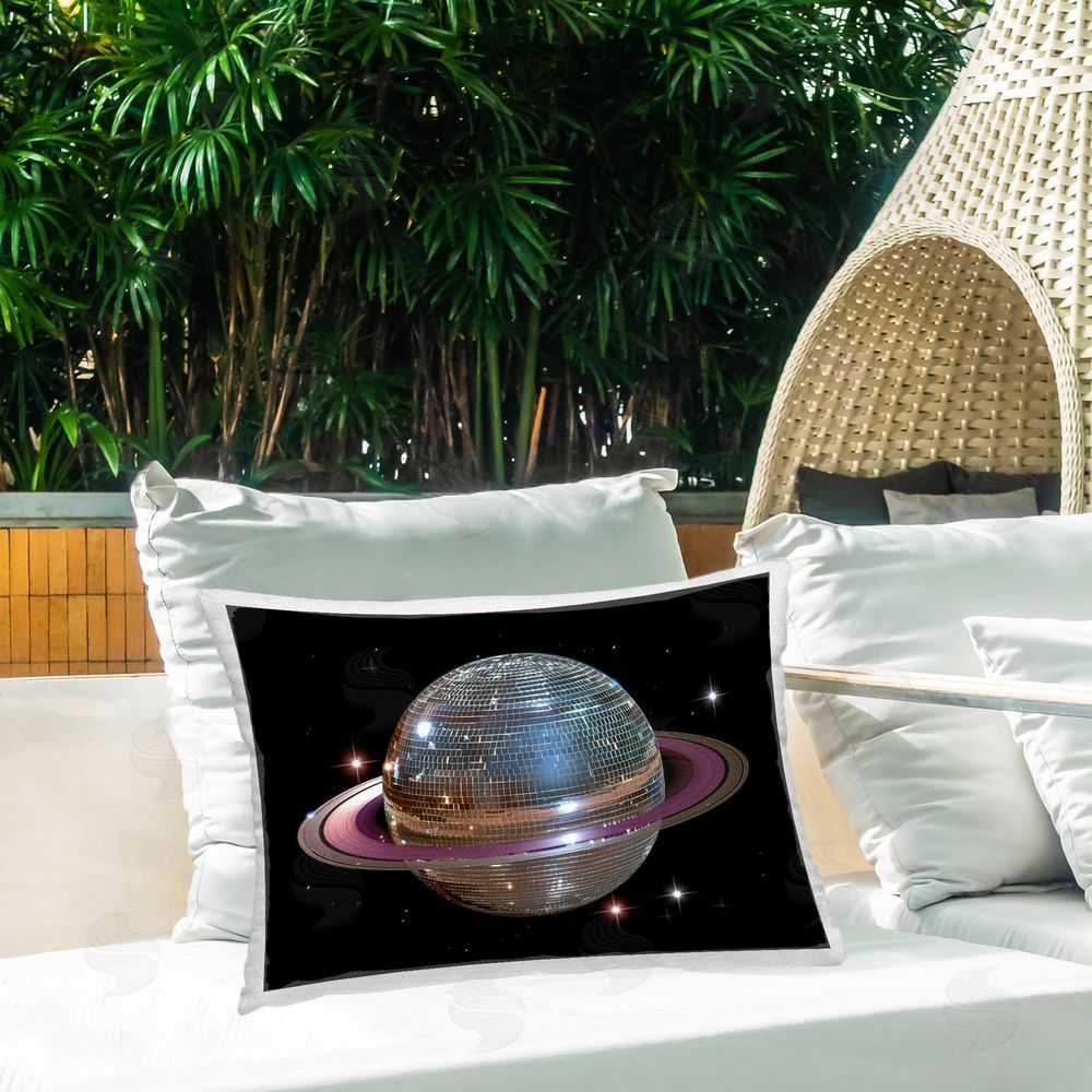 Decent Exposures Purple Disco Ball Planet Outdoor Rectugular Printed Throw Pillow on Patio