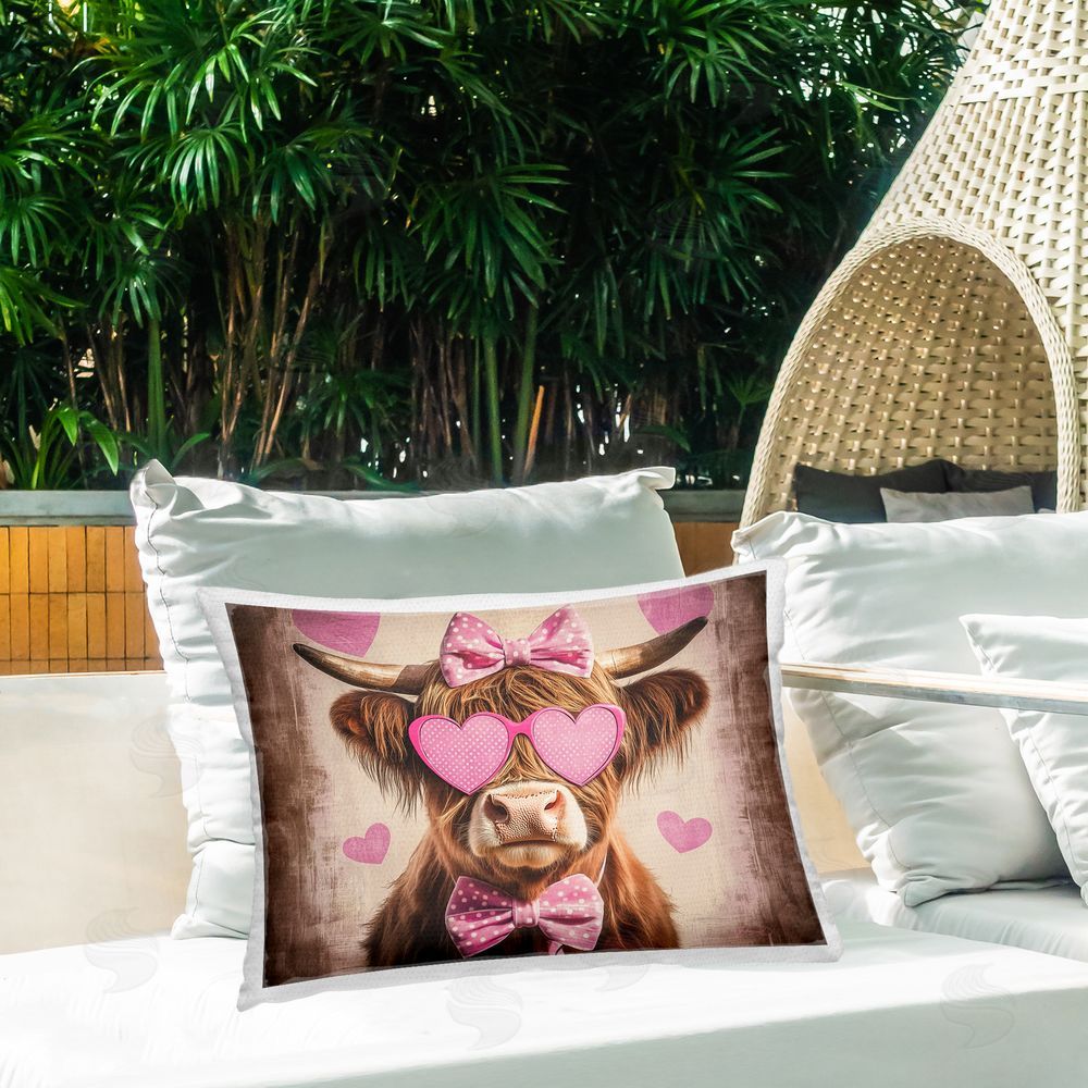 Shawna Stewart Cute Cattle Pink Hearts Outdoor Rectugular Printed Throw Pillow on Patio