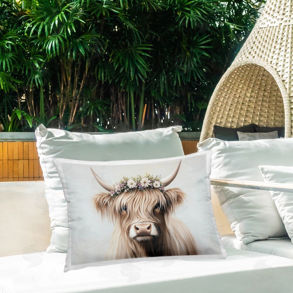 Shawna Stewart Shaggy Cattle Floral Crown Outdoor Rectugular Printed Throw Pillow on Patio
