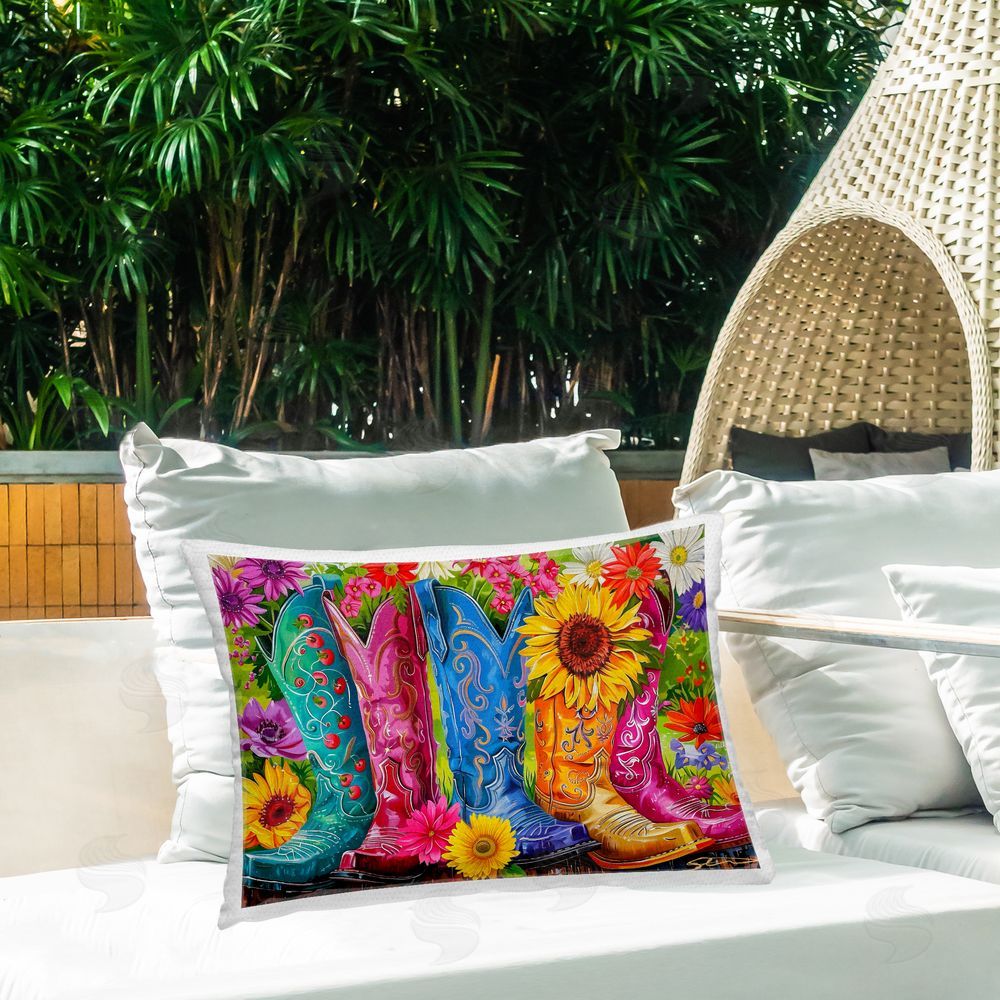 Shawna Stewart Cowboy Boots and Sunflowers Outdoor Rectugular Printed Throw Pillow on Patio