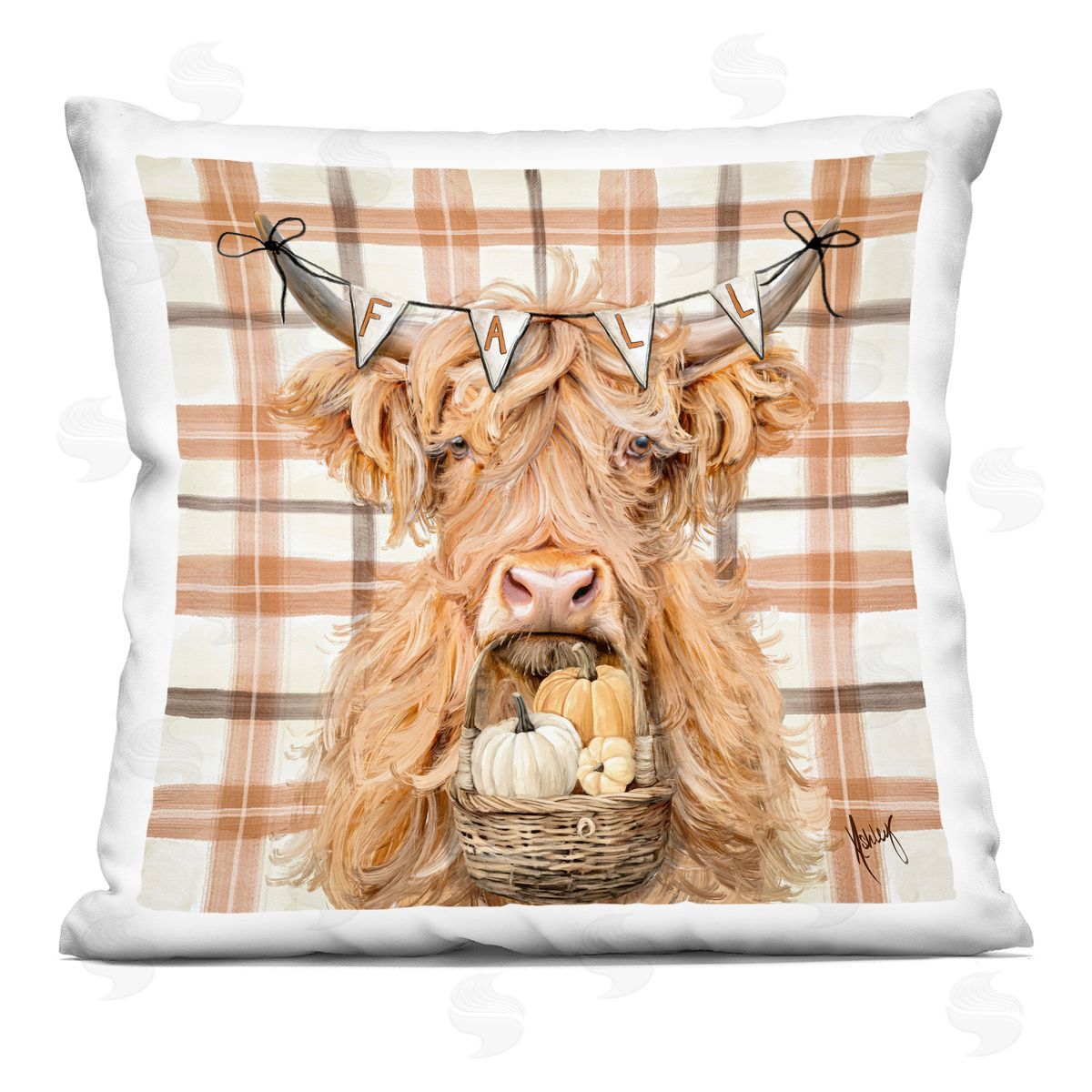 Ashley Bradley Fall Cattle with Pumpkin Basket Indoor Printed Throw Pillow