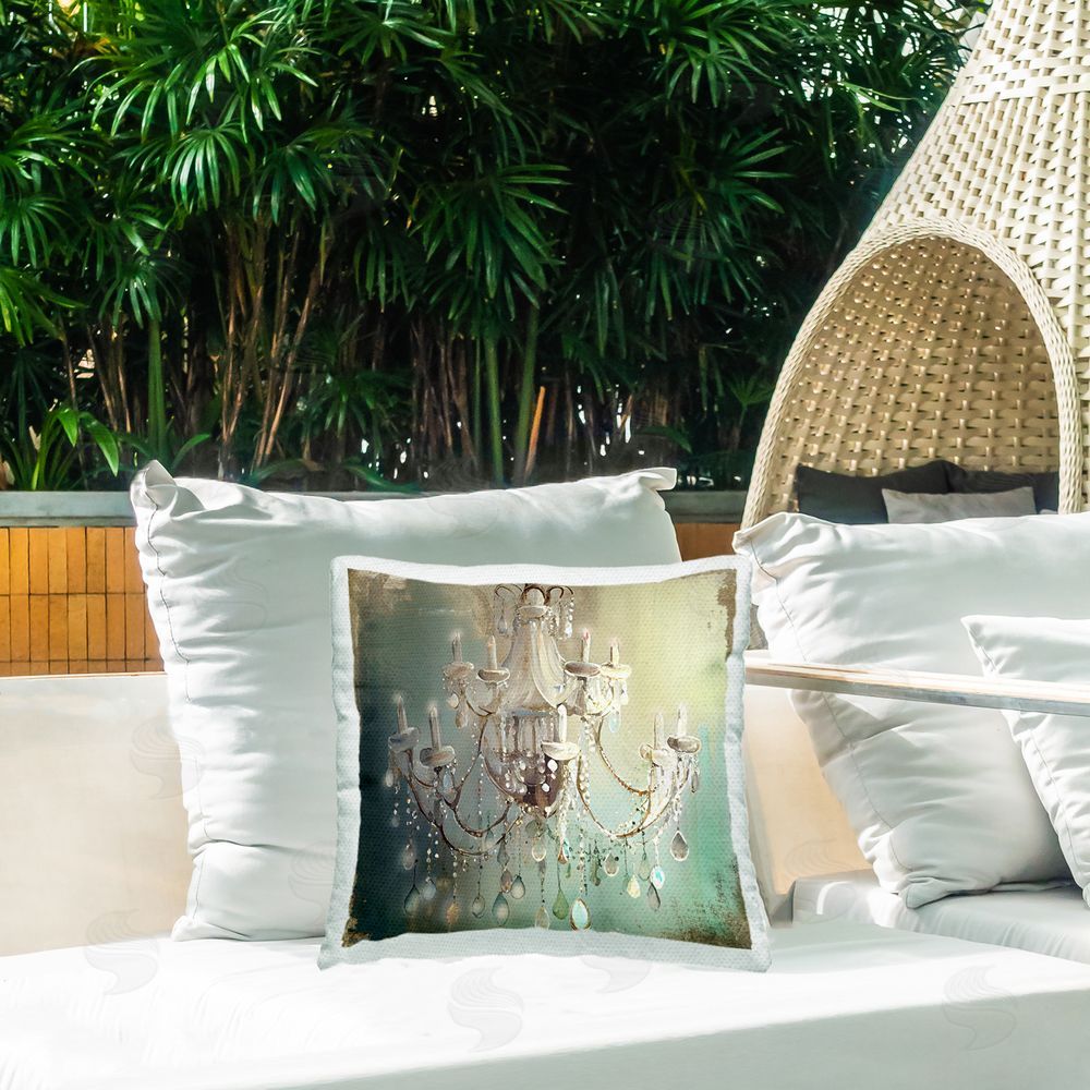 Sasha Vintage Illumine Chandelier Square Printed Throw Pillow on Patio