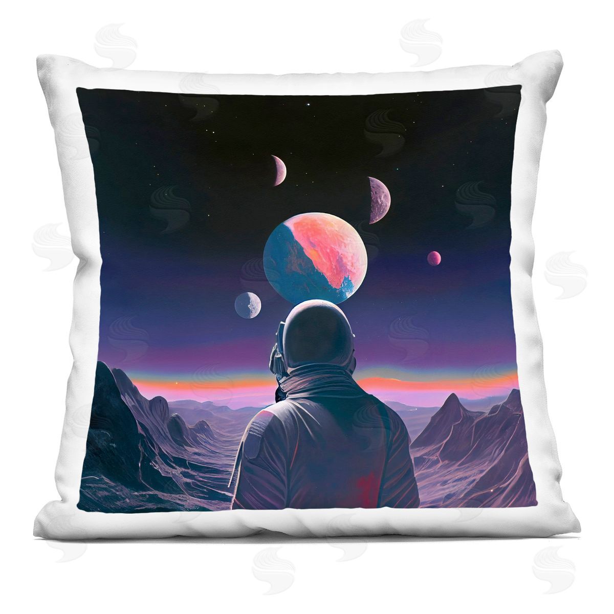 Sasha Astronaut & Purple Toned Terrain Square Printed Throw Pillow