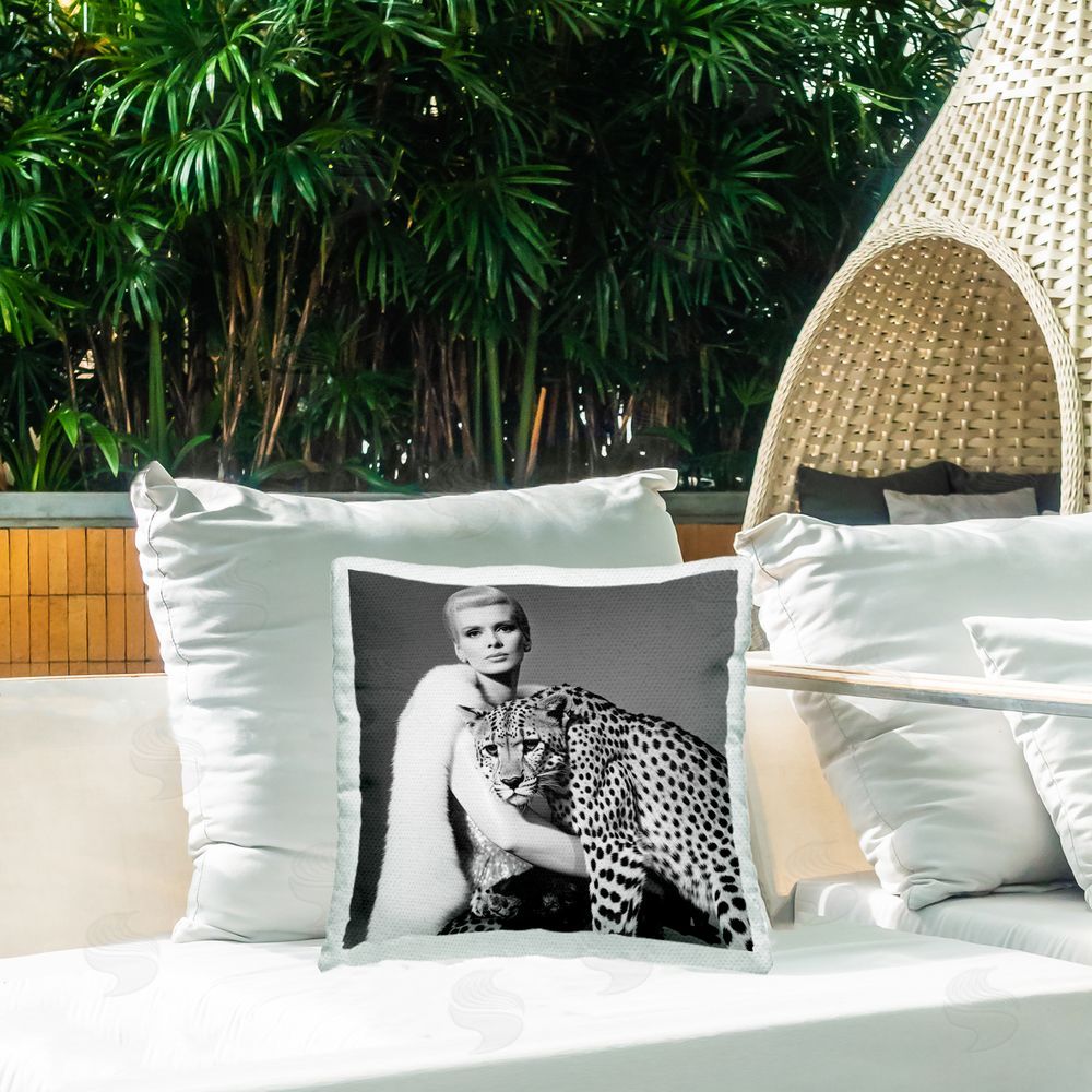 Sasha Cat Woman Cheetah Portrait Outdoor Printed Throw Pillow on Patio