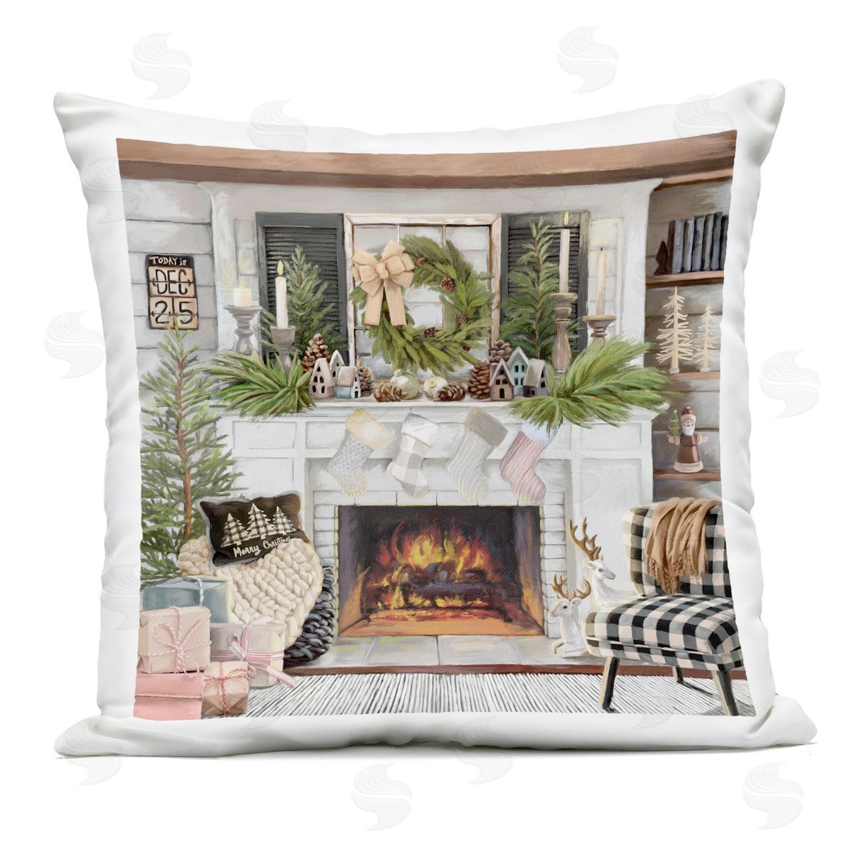 Nicky Boehme Cozy Christmas Mantel Stockings Outdoor Printed Throw Pillow