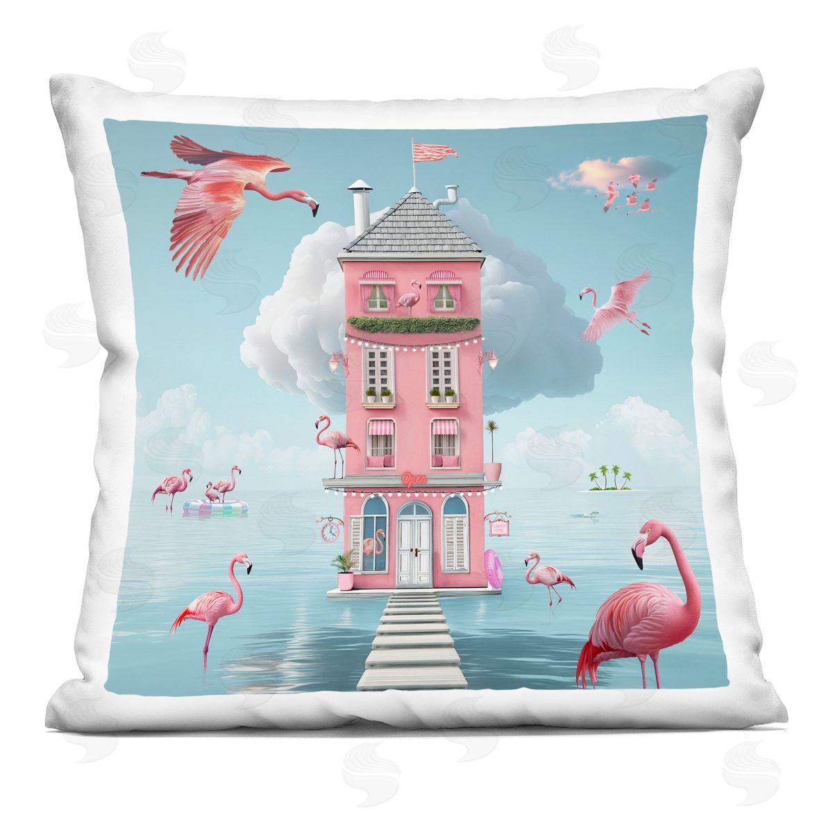 Lori Lea Studios Flamingo Hotel on Water Square Printed Throw Pillow