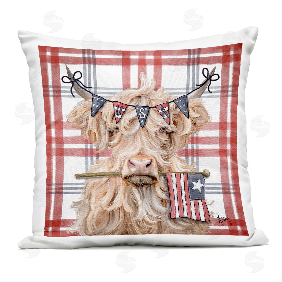 Ashley Bradley USA Plaid Highland Cattle Outdoor Square Printed Throw Pillow