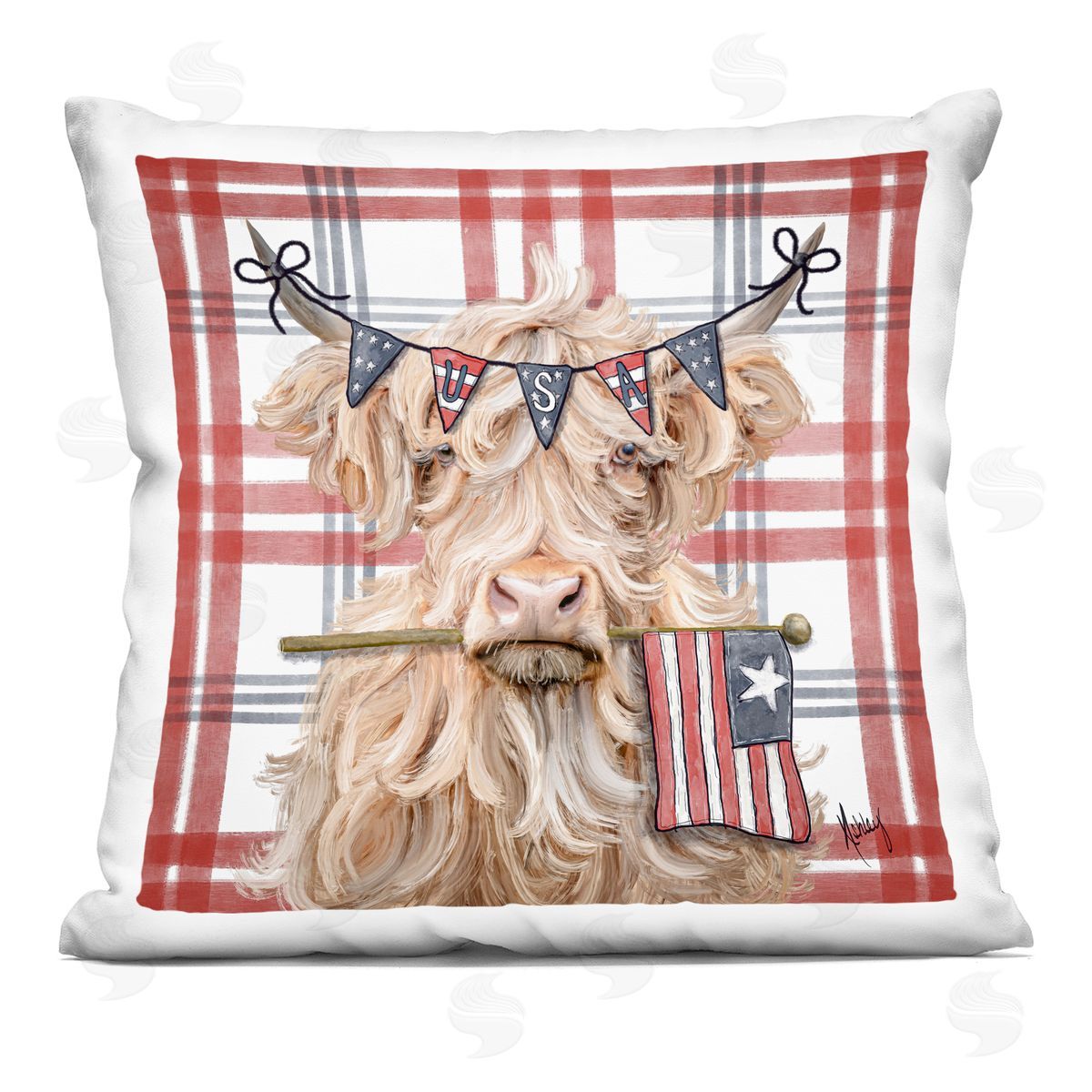 Ashley Bradley USA Plaid Highland Cattle Square Printed Throw Pillow