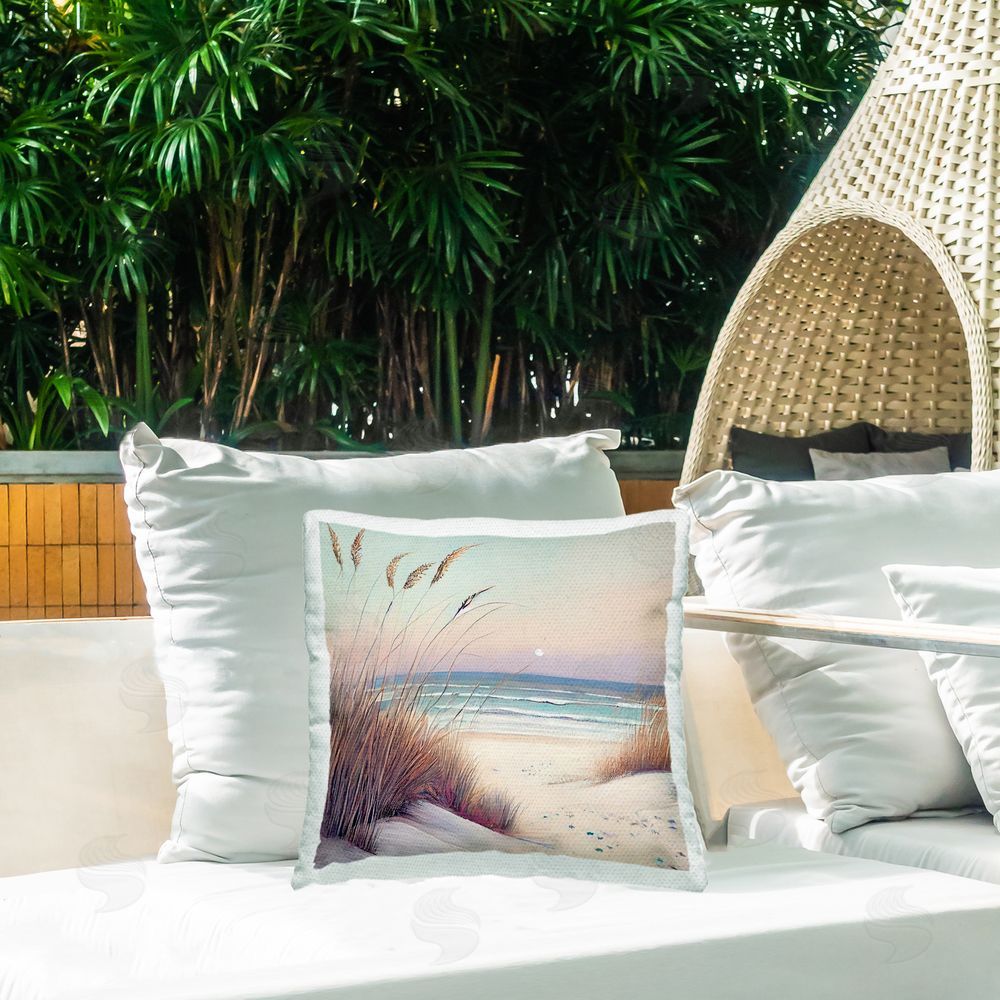 Sasha Peaceful Beach Dunes View Square Printed Throw Pillow on Patio