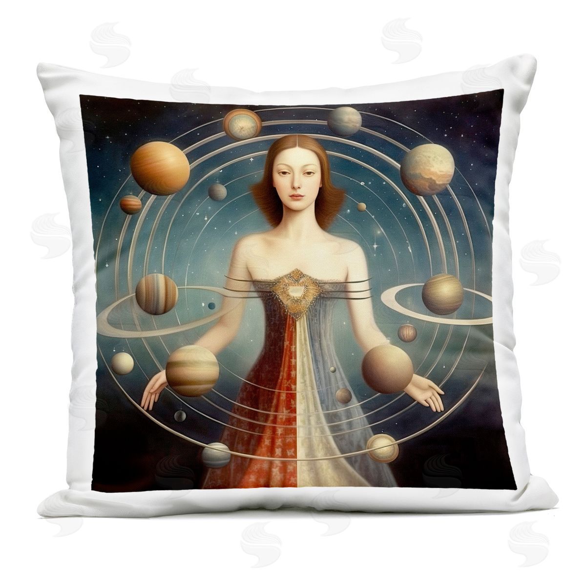 Sasha Galactic Orbits Woman Outdoor Square Printed Throw Pillow