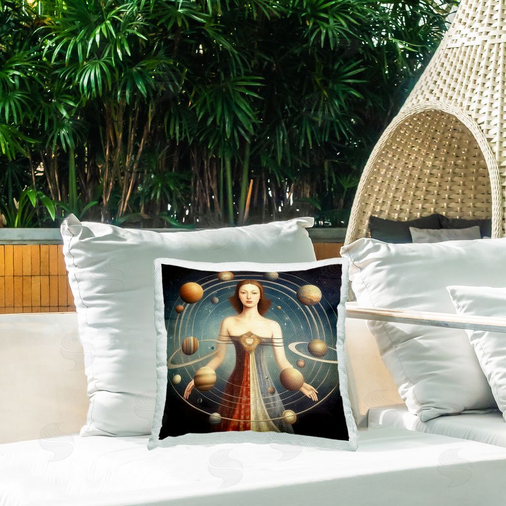 Sasha Galactic Orbits Woman Square Printed Throw Pillow on Patio