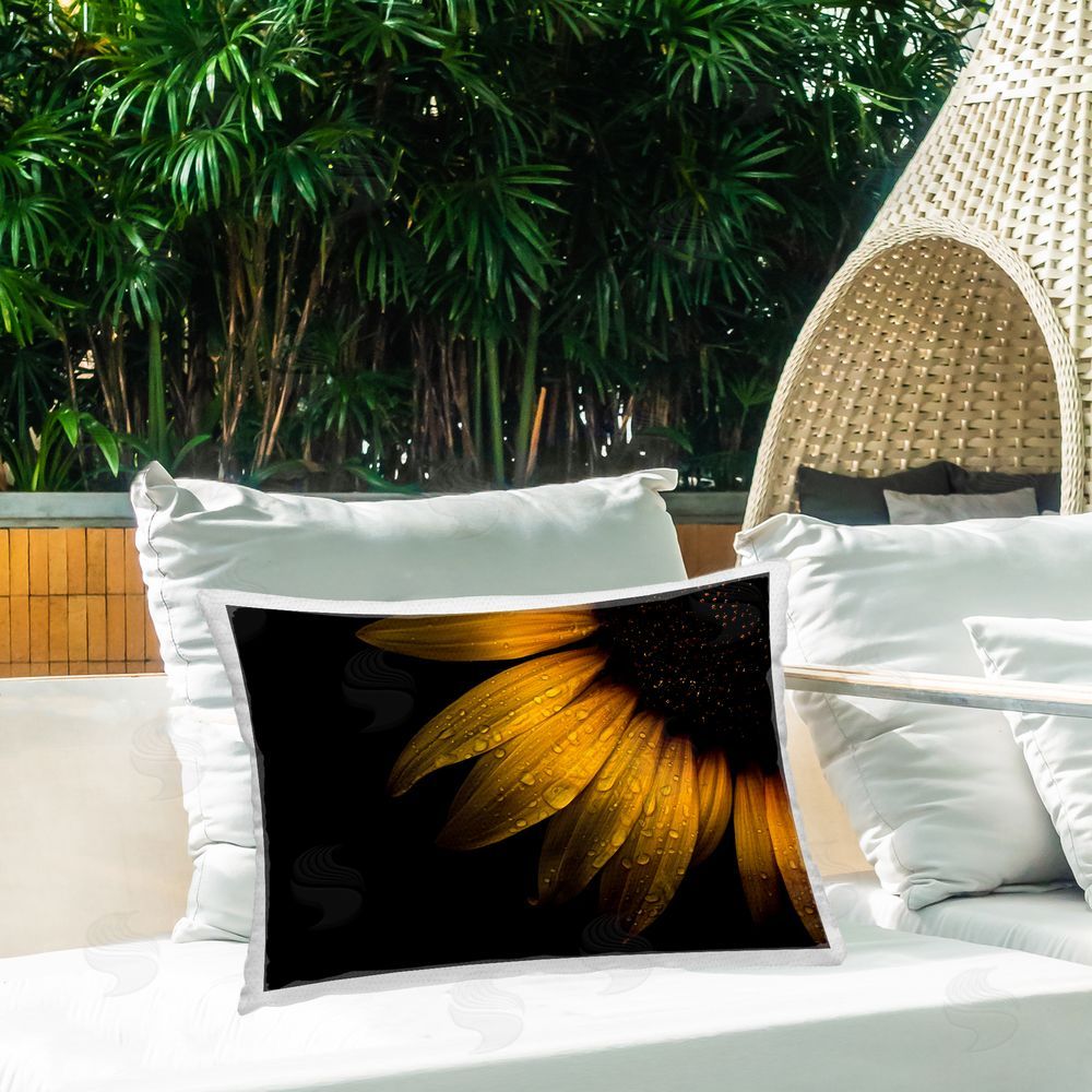 Brian Carson Photography Water Droplets on Sunflower Outdoor Rectugular Printed Throw Pillow on Patio