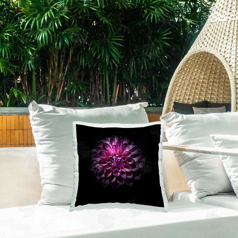 Brian Carson Photography Purple Dahlia Dark Contemporary Square Printed Throw Pillow on Patio