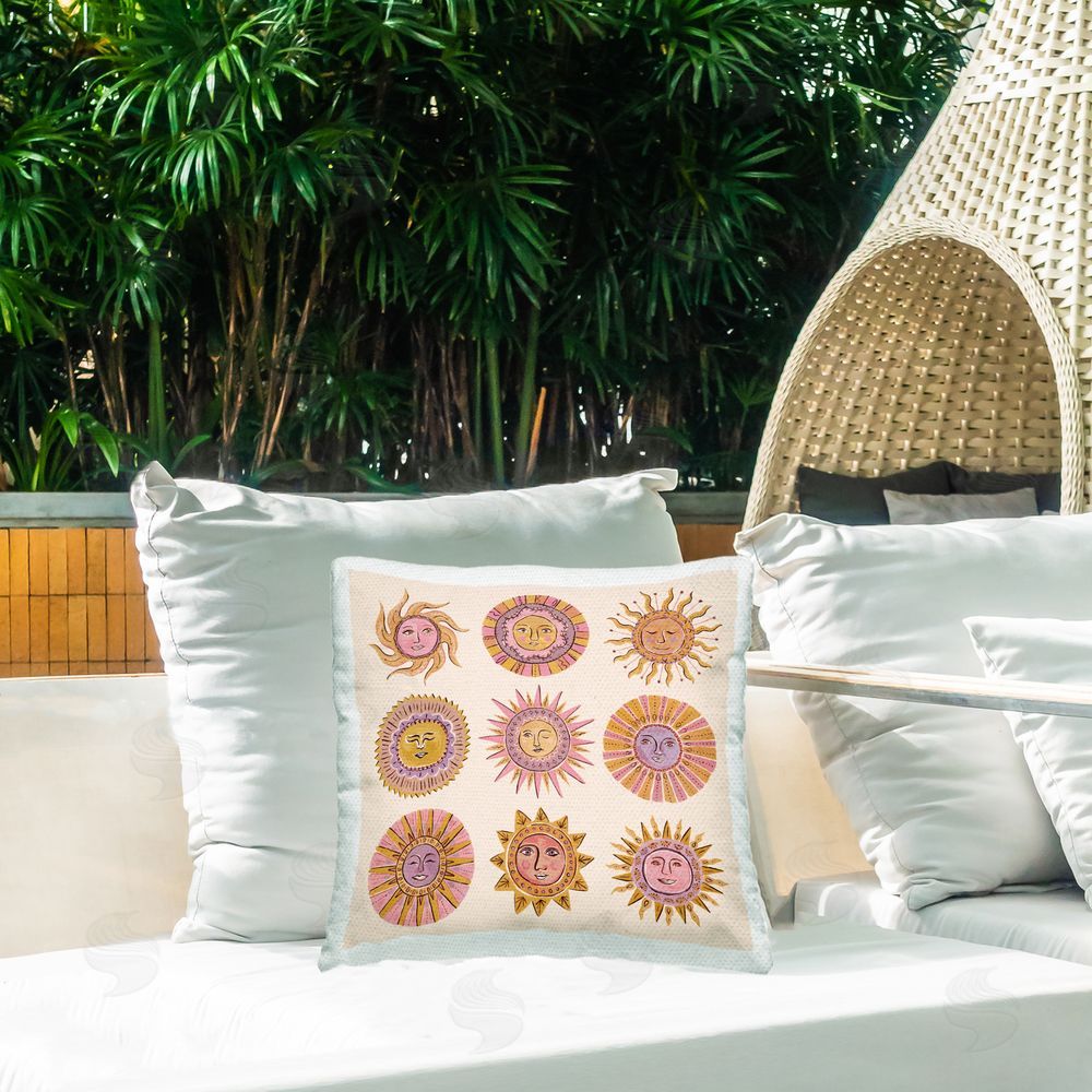 Two If By Sea Studios Boho Solar Faces Square Outdoor Quick-Dry Polyester Throw Pillow on Seat