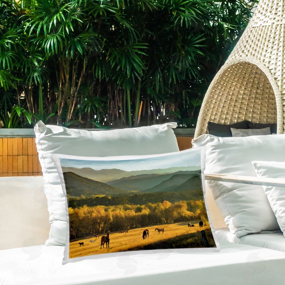 Renel Peters Grazing Horses Autumn Hillside Outdoor Printed Throw Pillow on Patio