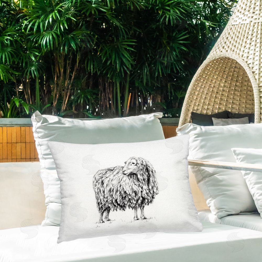 Leah Noel Art Sheep in Charcoal Printed Throw Pillow on Patio