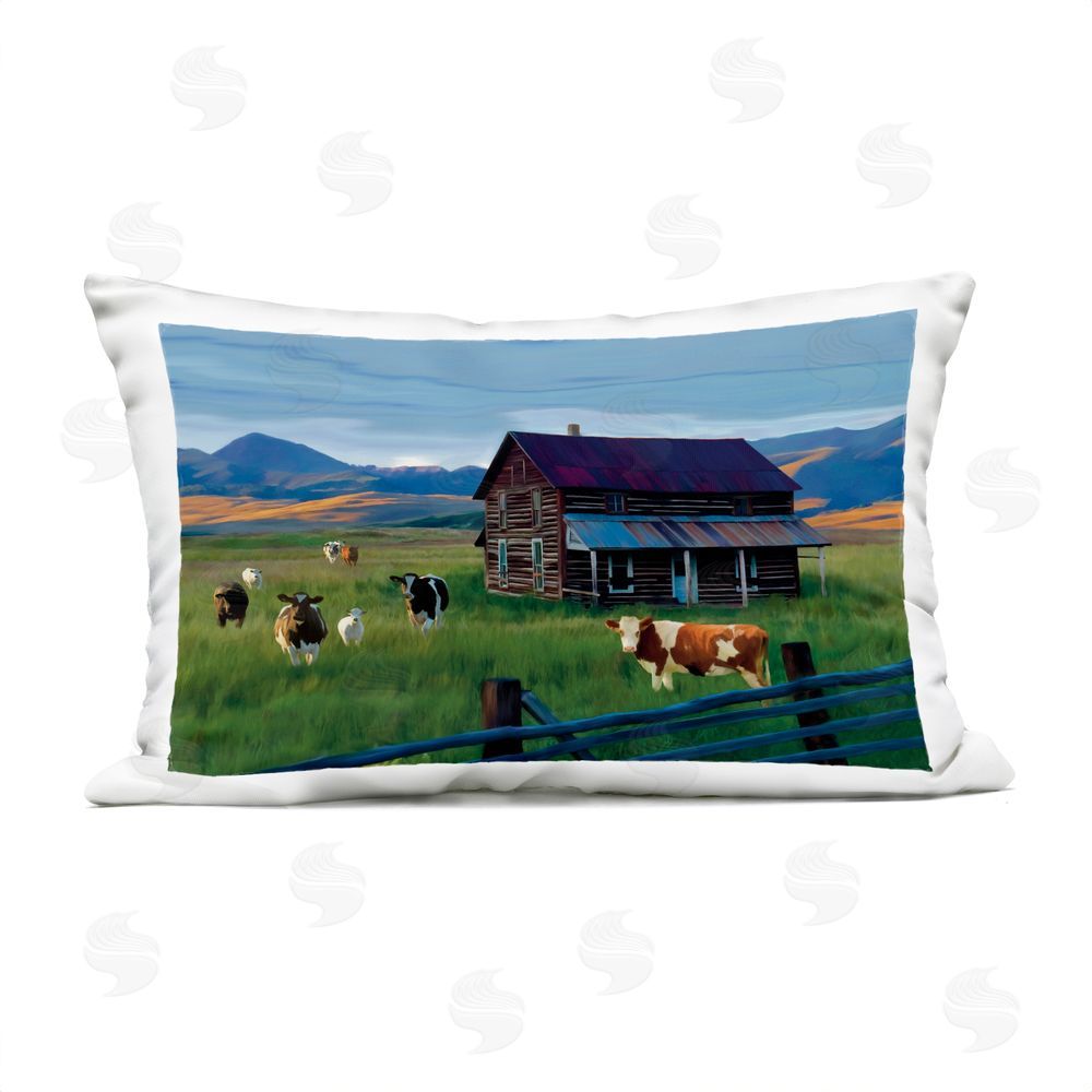 Renel Peters Grazing Cattle at Solitary Cabin Lumbar Outdoor Quick-Dry Polyester Throw Pillow