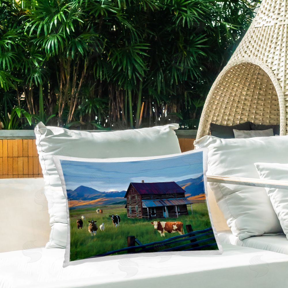 Renel Peters Grazing Cattle at Solitary Cabin Lumbar Outdoor Quick-Dry Polyester Throw Pillow on Seat