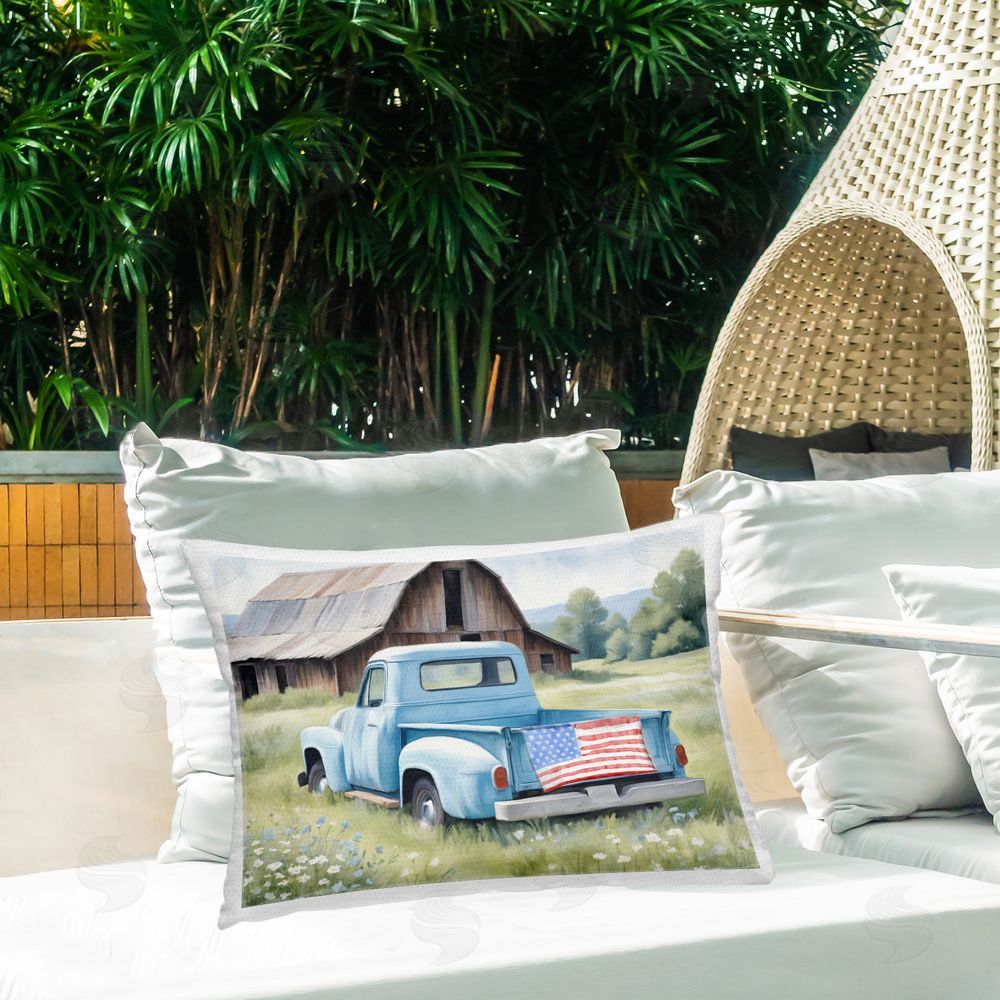 Kim Allen American Pride Truck on Farm Printed Throw Pillow on Patio