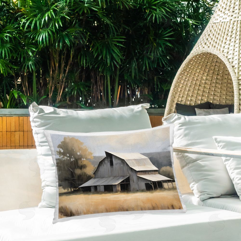 Kim Allen In The Field Farm Structure Printed Throw Pillow on Patio