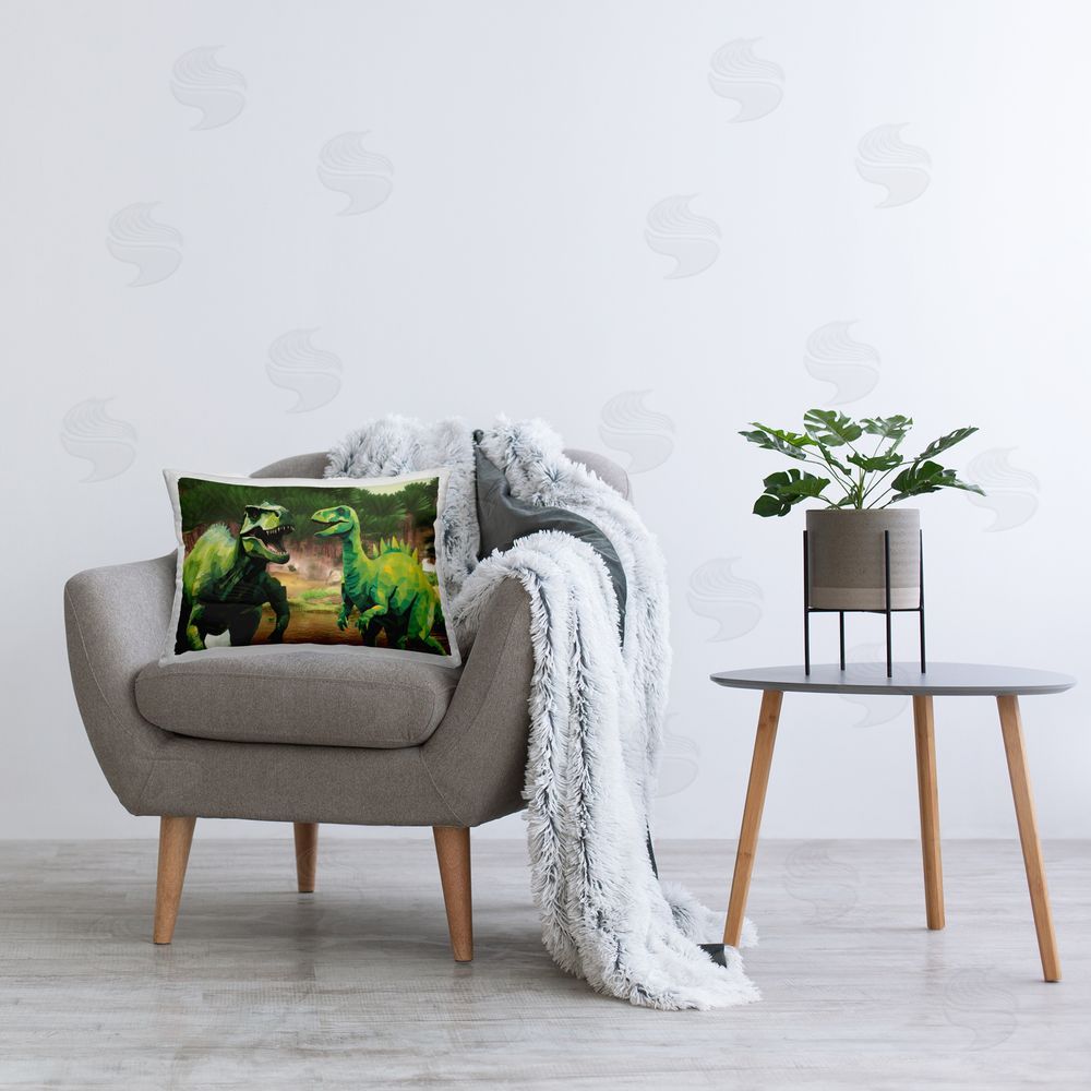 Jesse Keith Green Jungle Dinosaurs Printed Throw Pillow in Room