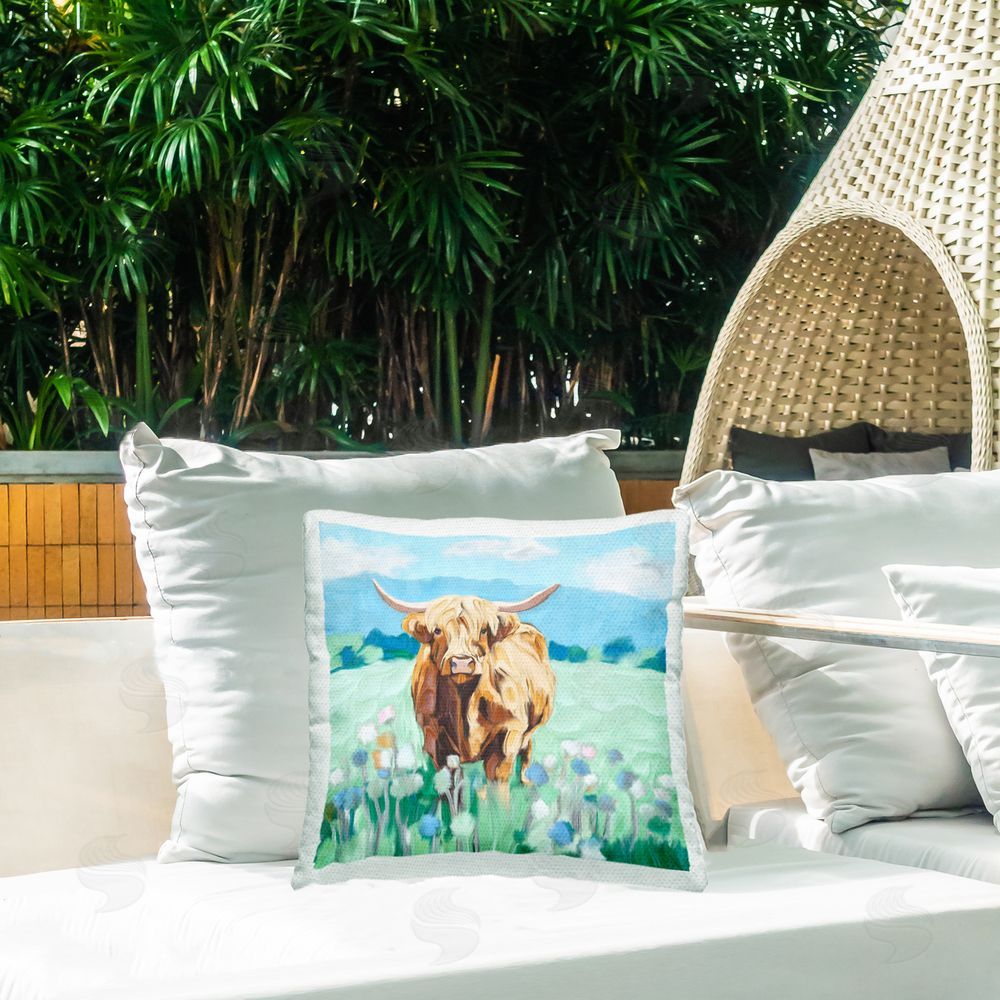 Kim Allen Blue Sky Highland Outdoor Printed Throw Pillow on Patio