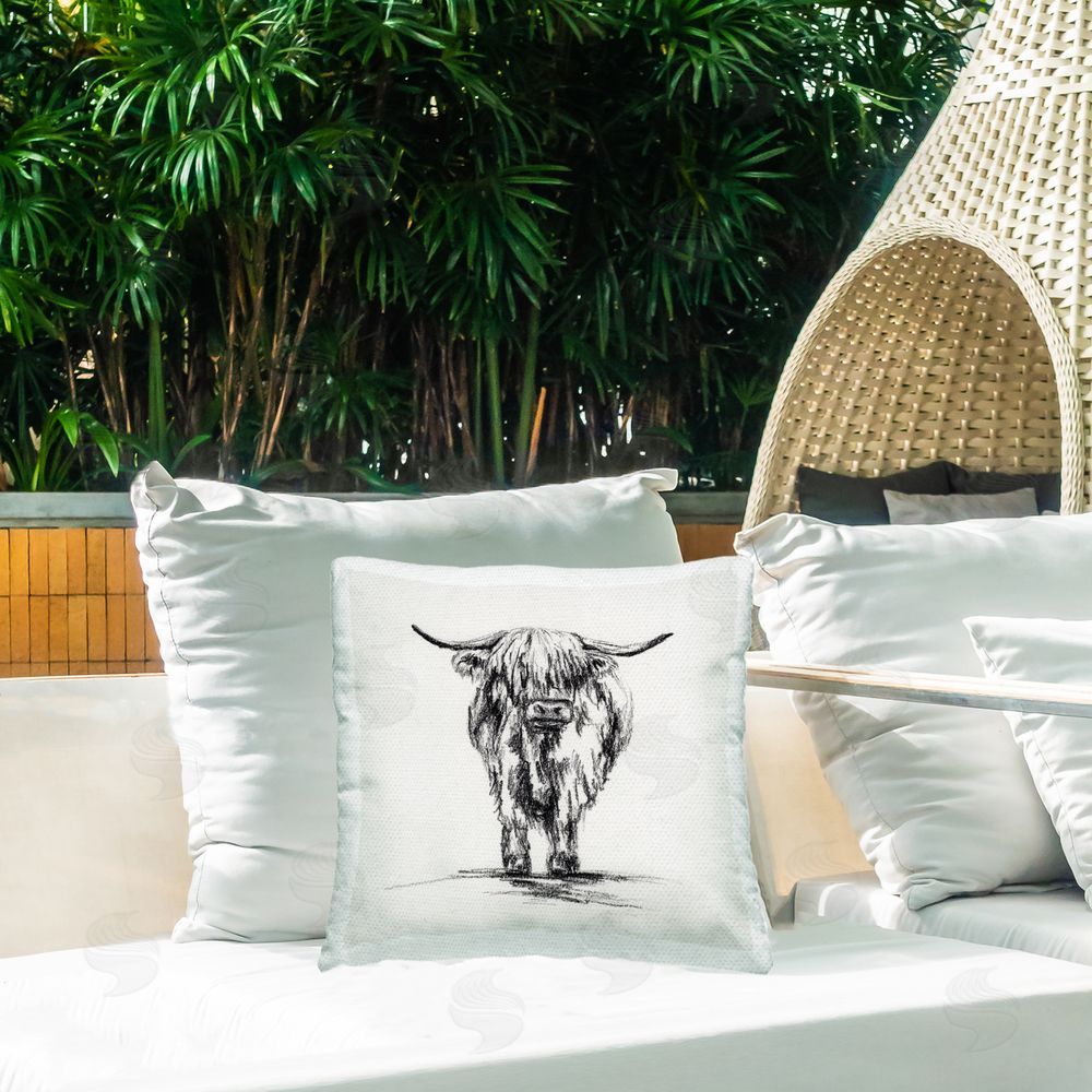 Leah Noel Art Highland Cow in Charcoal Outdoor Printed Throw Pillow on Patio