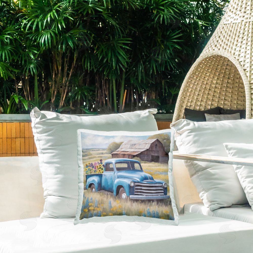 Kim Allen Flower Truck in Antique Blue Outdoor Printed Throw Pillow on Patio
