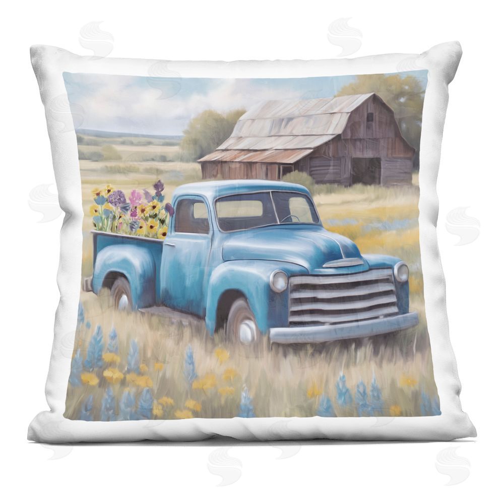 Kim Allen Flower Truck in Antique Blue Printed Throw Pillow 