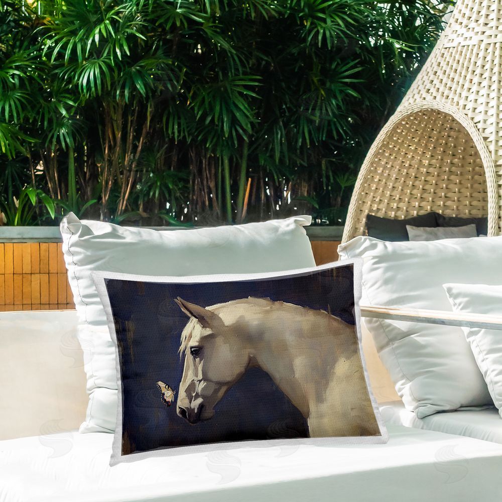 Svetlana Aleynikova Peaceful Meeting Horse & Butterfly Printed Throw Pillow on Patio
