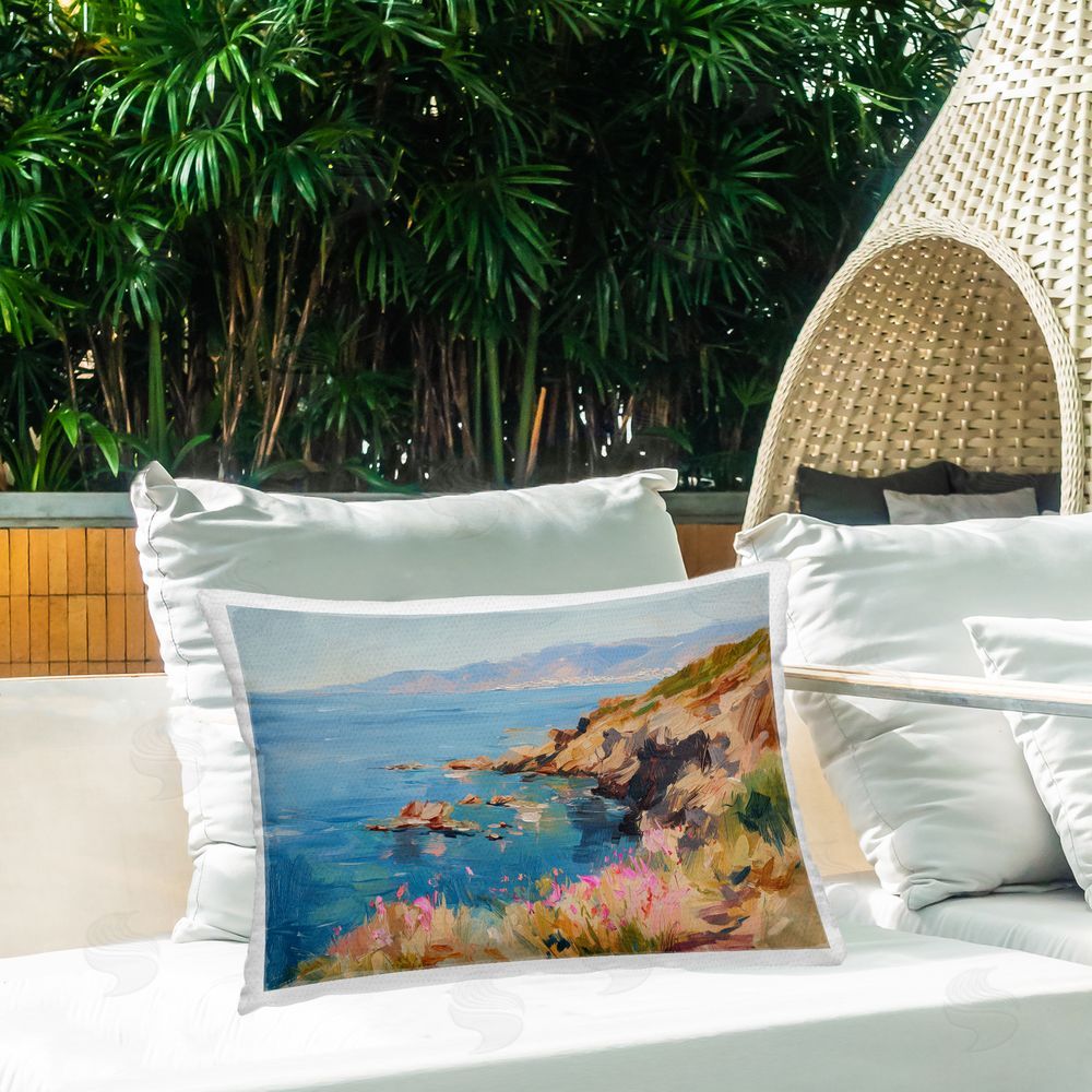 Svetlana Aleynikova Where Mountains Meet Sea Printed Throw Pillow on Patio