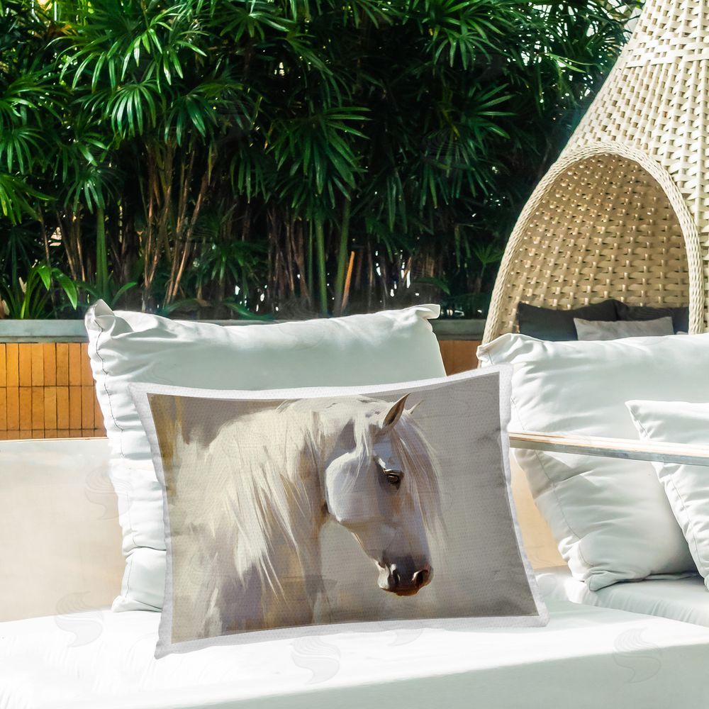 Svetlana Aleynikova White Moon Horse Printed Throw Pillow on Patio