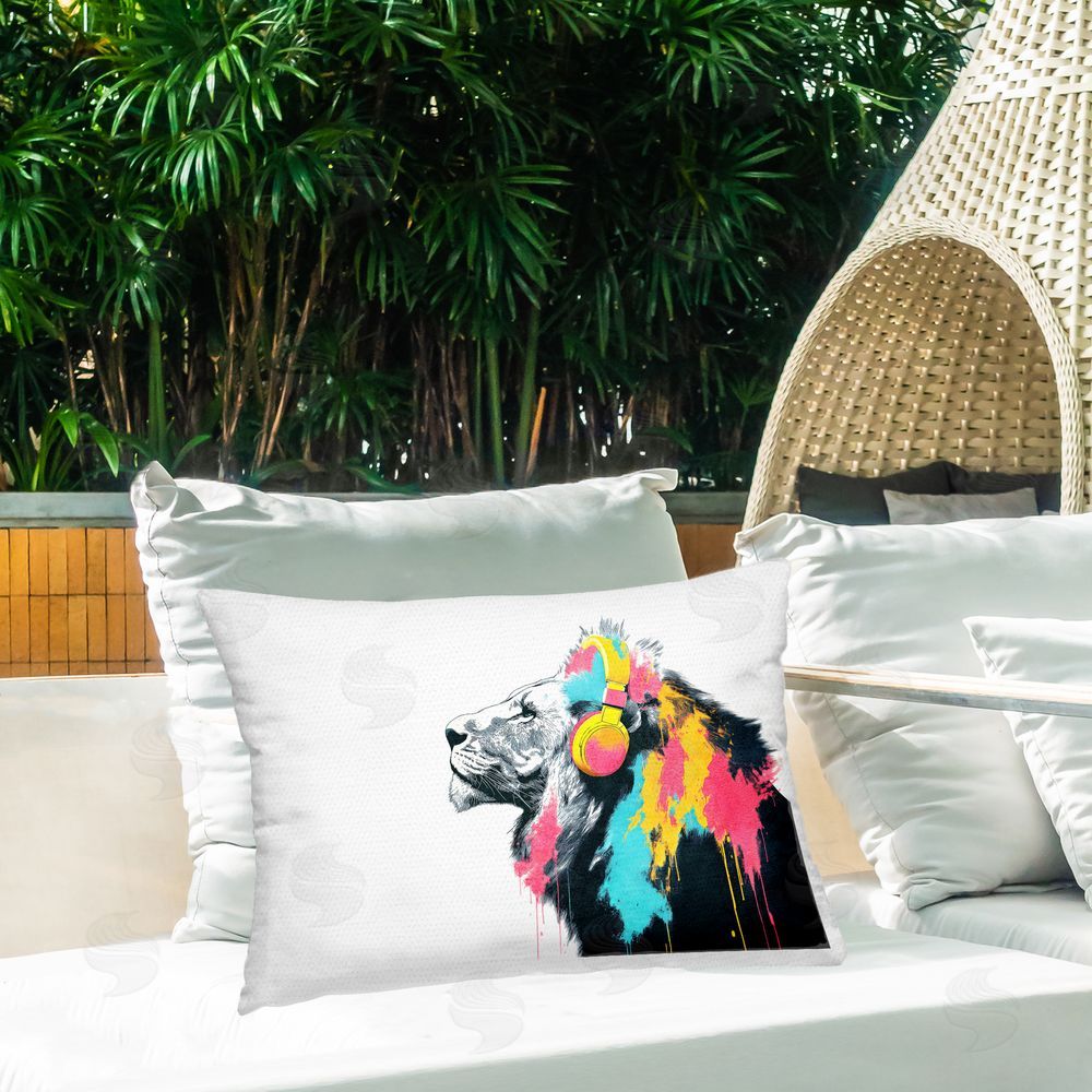 Svetlana Aleynikova Lion On Air Headphones Printed Throw Pillow on Patio